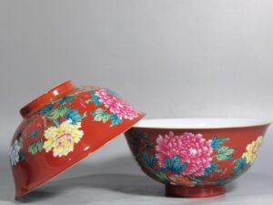 Qing Dynasty Yongzheng enamel coral red ground peony flower bowl