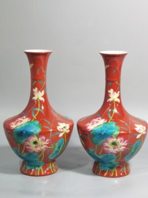 Qing Dynasty Yongzheng enamel coral red ground lotus vase