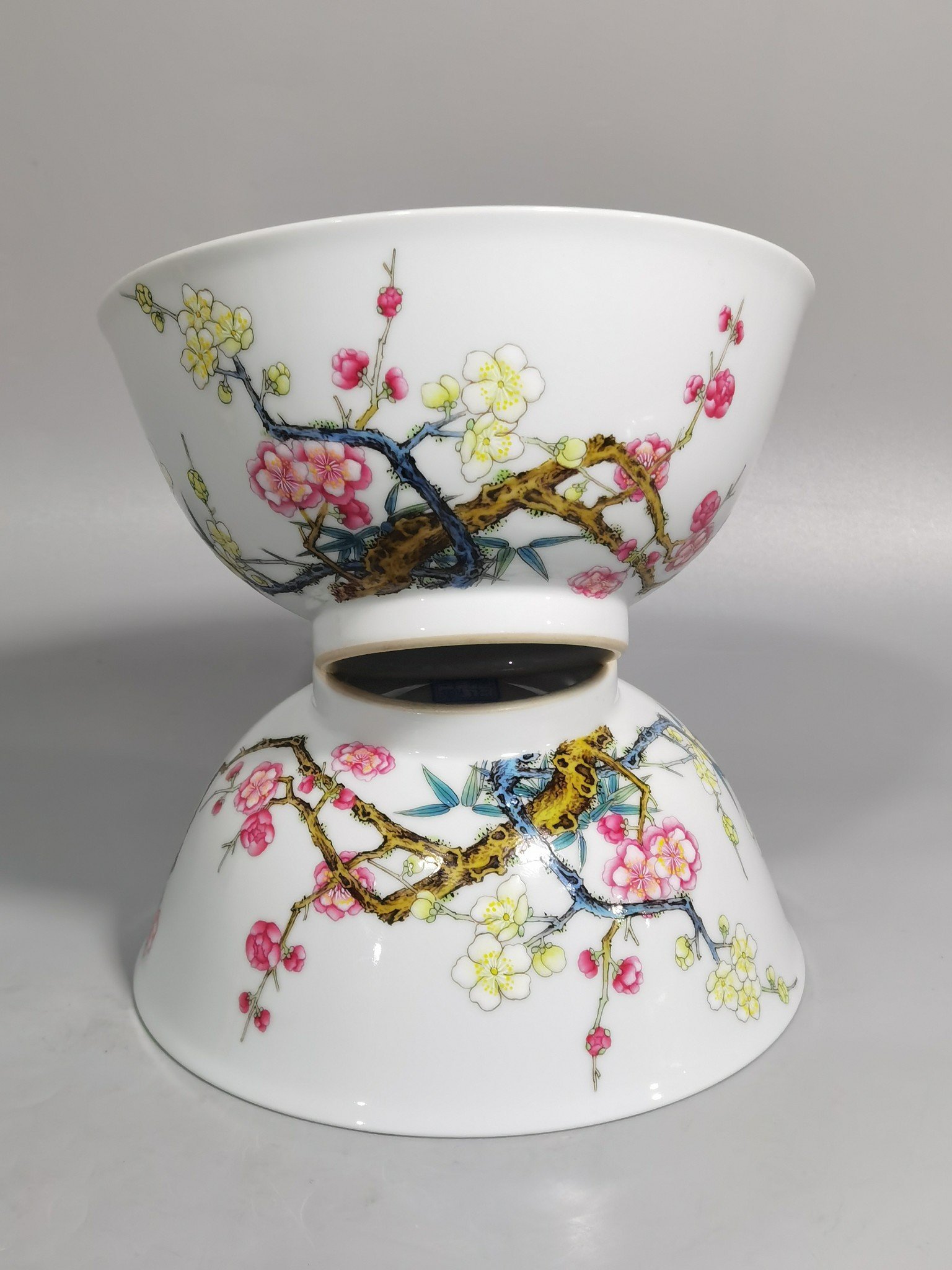 Qing Dynasty Yongzheng Enamel Bamboo and Plum Double Clear Bowl