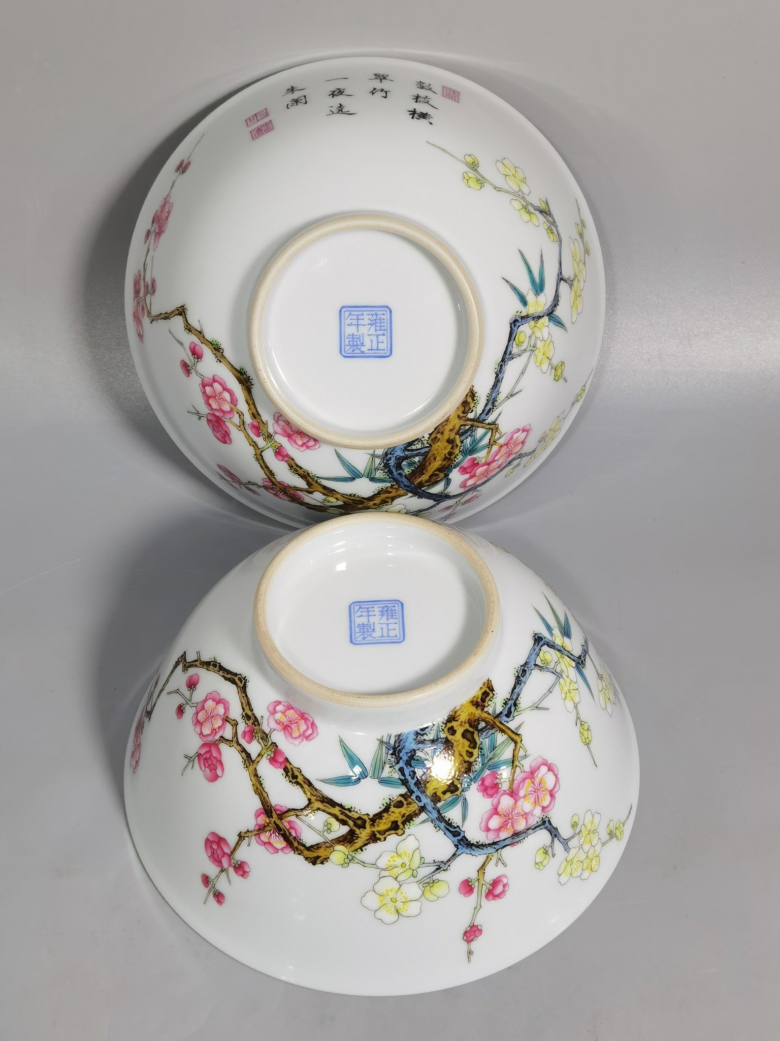 Qing Dynasty Yongzheng Enamel Bamboo and Plum Double Clear Bowl