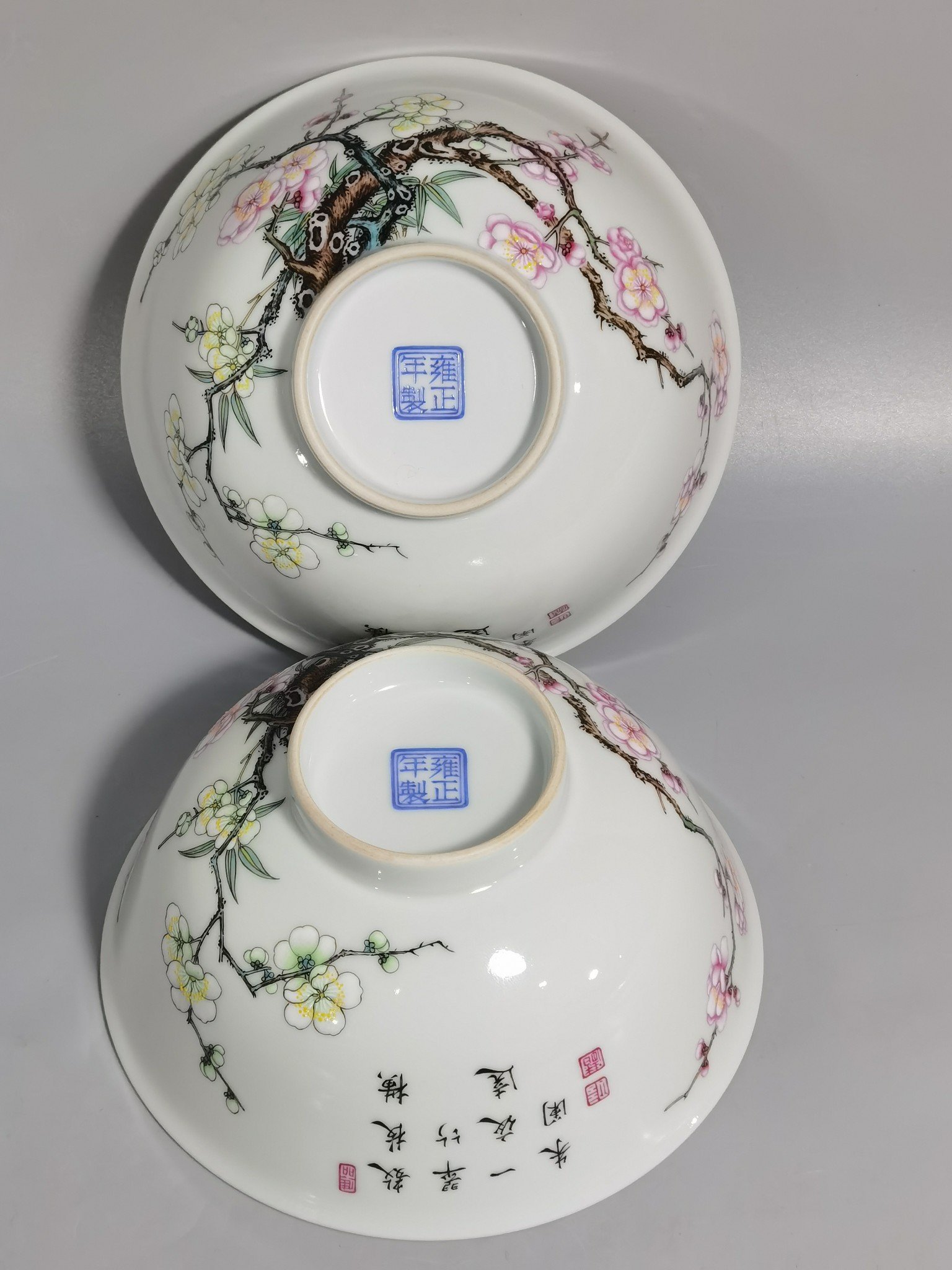 Qing Dynasty Yongzheng Enamel Bamboo and Plum Double Clear Bowl