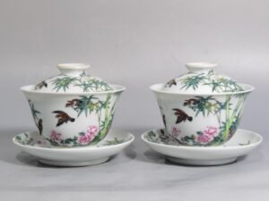 Qing Dynasty Yongzheng a pair of enamel bowls with bamboo sparrow pattern