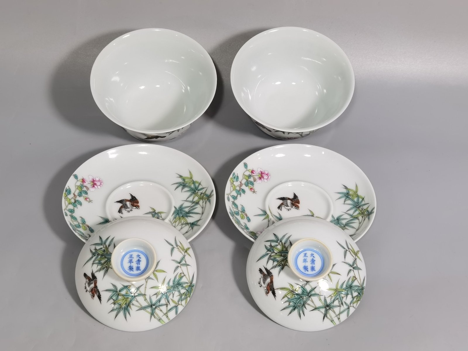 Qing Dynasty Yongzheng a pair of enamel bowls with bamboo sparrow pattern