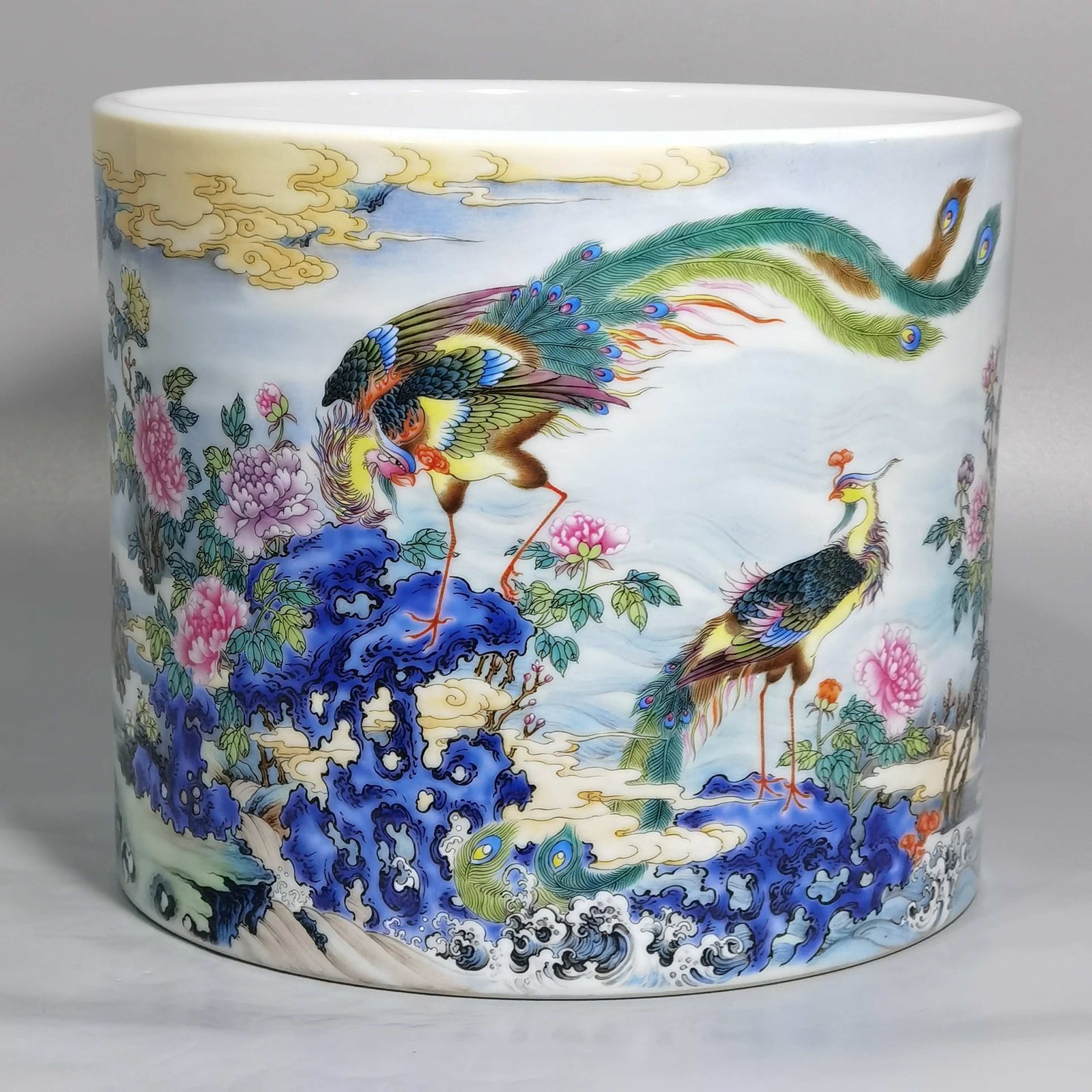 Qing Dynasty Yongzheng enamel painting with flowers birds phoenix peony and poetry pattern