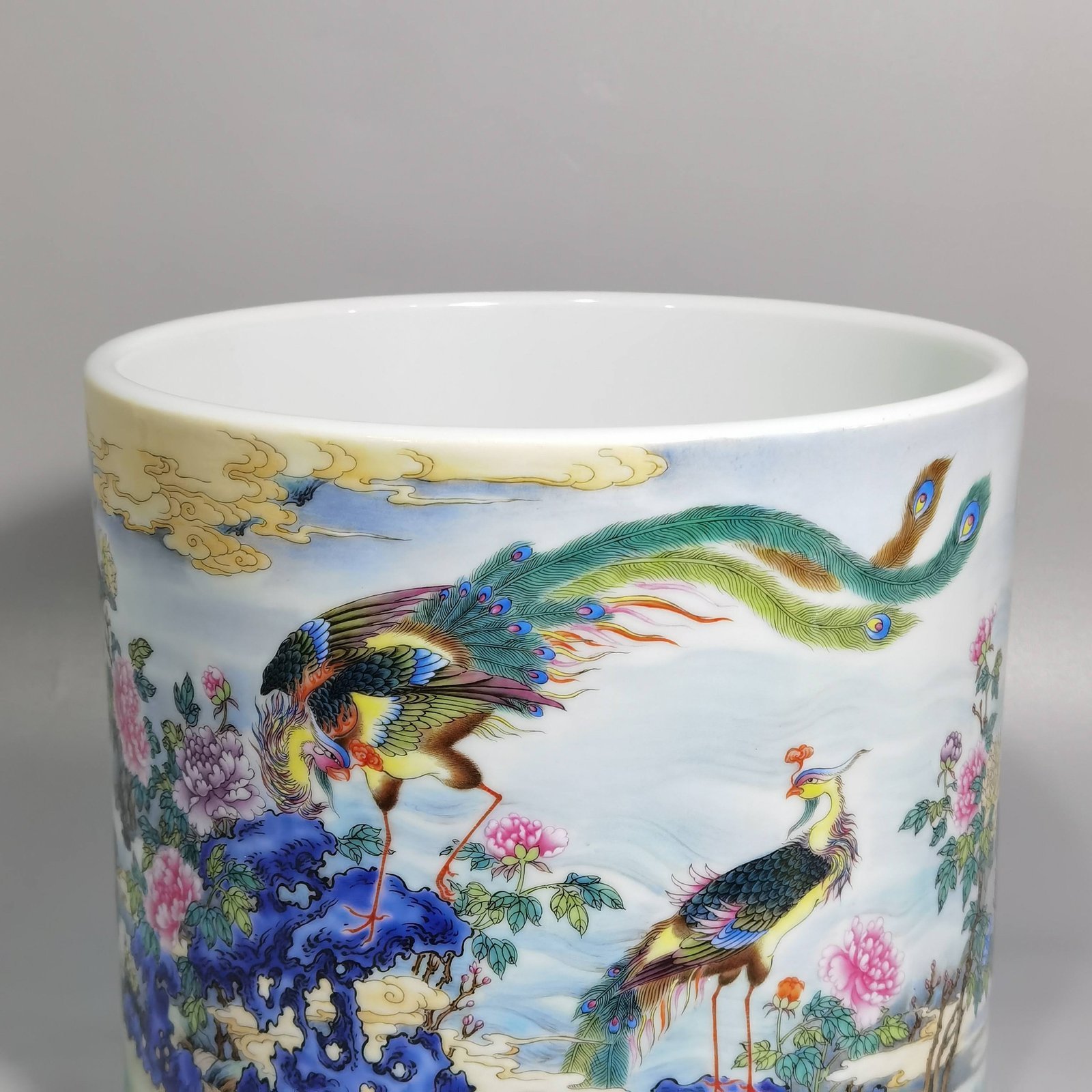 Qing Dynasty Yongzheng enamel painting with flowers birds phoenix peony and poetry pattern