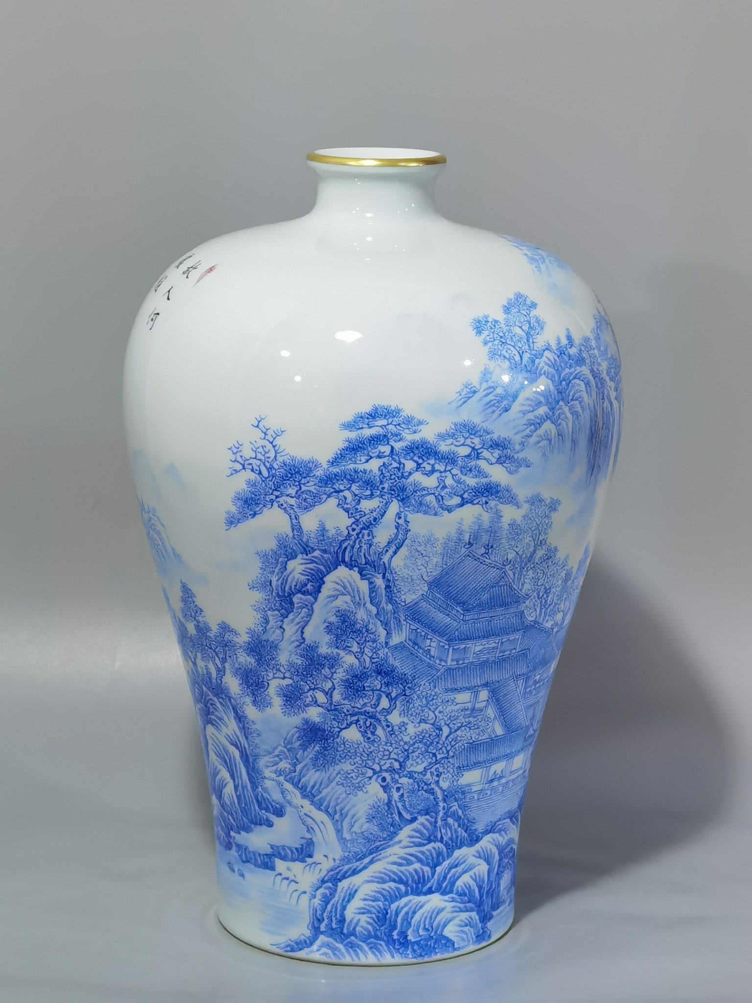 Qing Dynasty Yongzheng enamel blue material landscape figure plum vase
