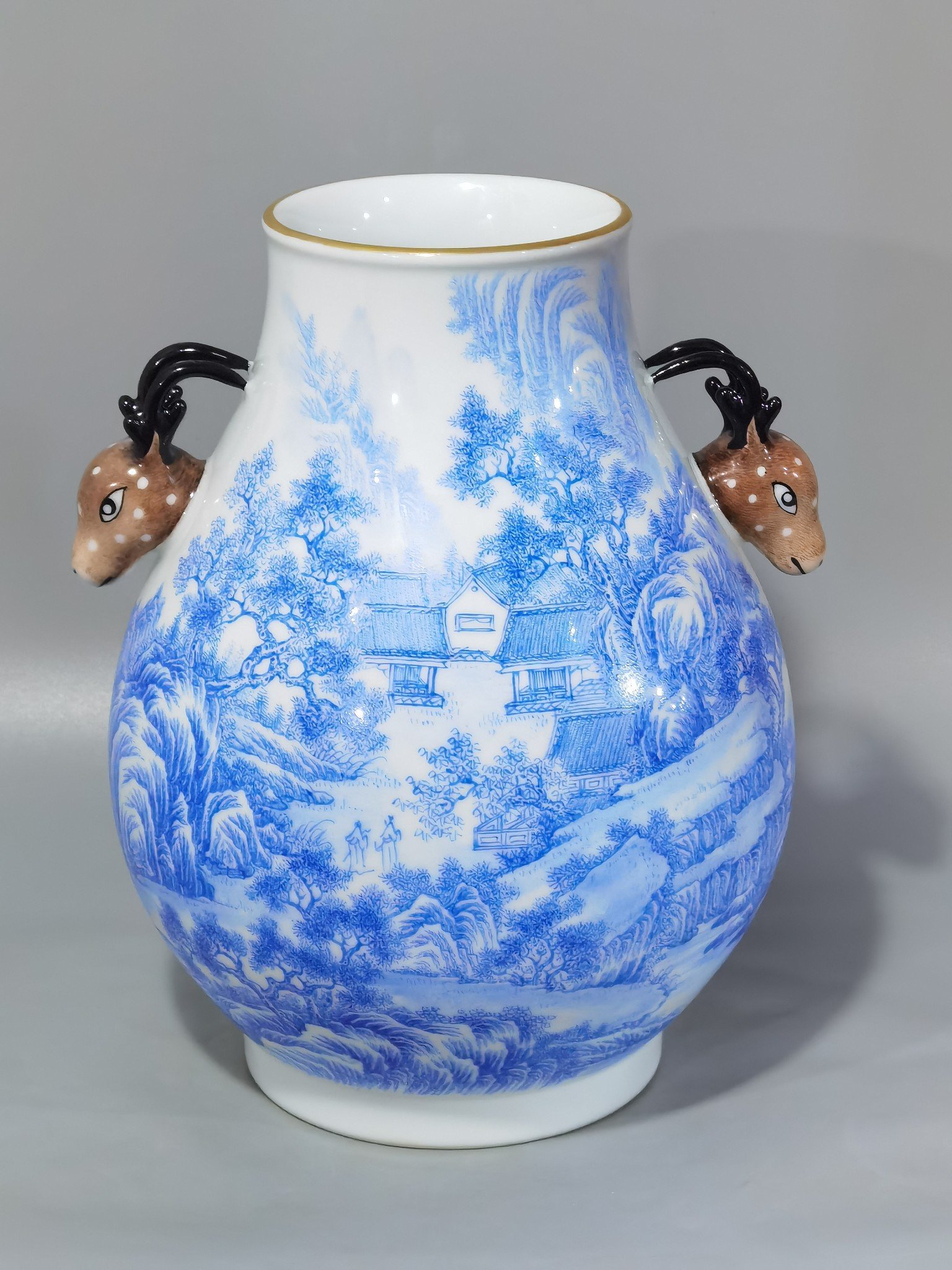 Qing Dynasty Yongzheng enamel blue material landscape landscape and figure deer head statue