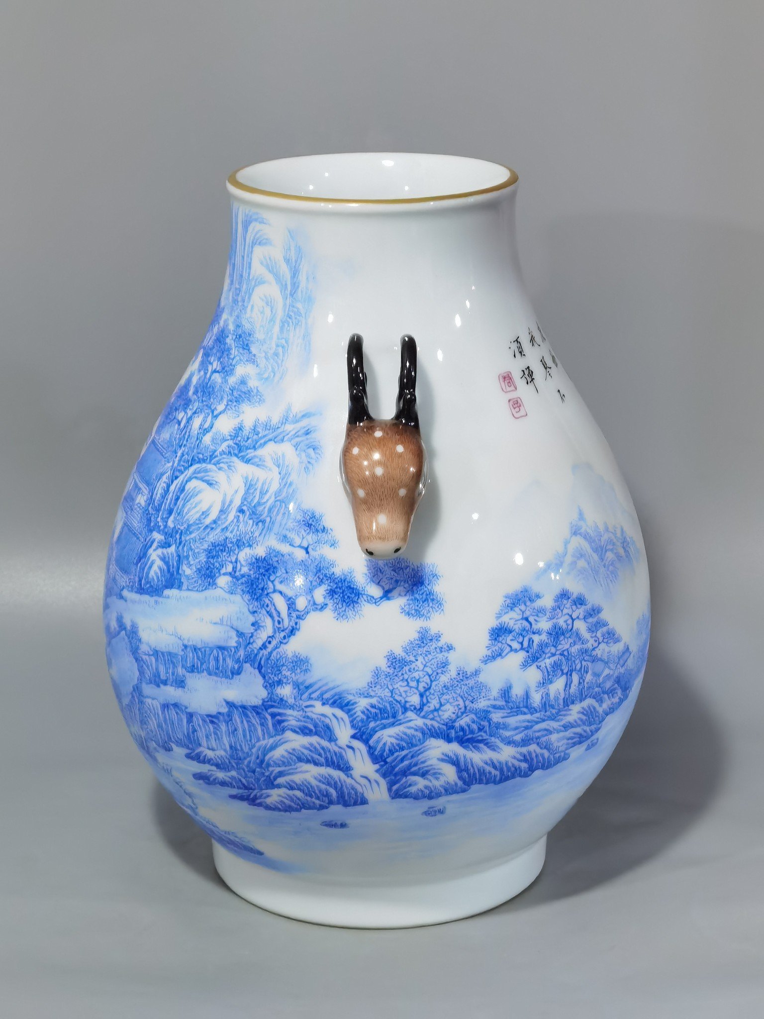 Qing Dynasty Yongzheng enamel blue material landscape landscape and figure deer head statue