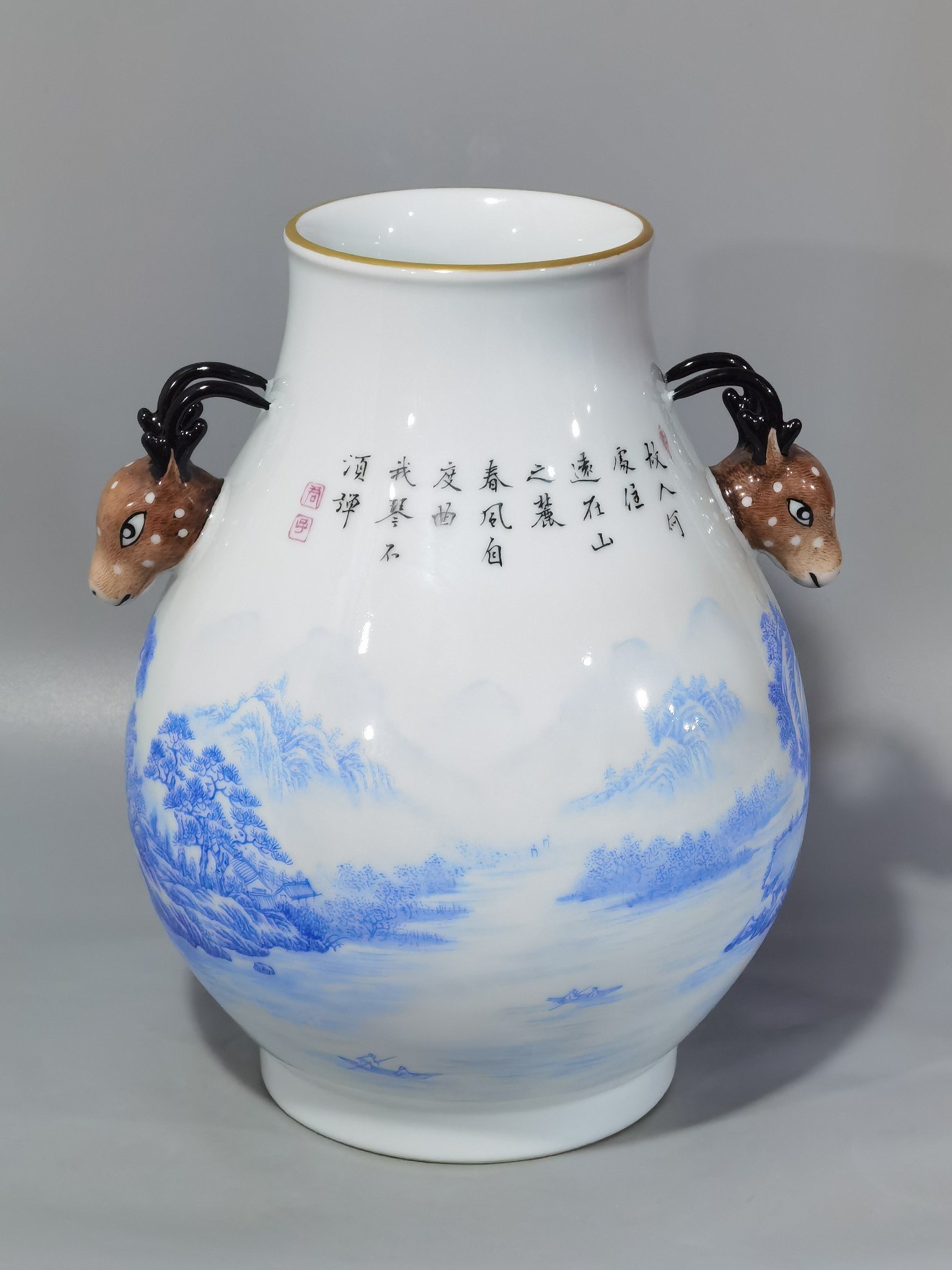 Qing Dynasty Yongzheng enamel blue material landscape landscape and figure deer head statue