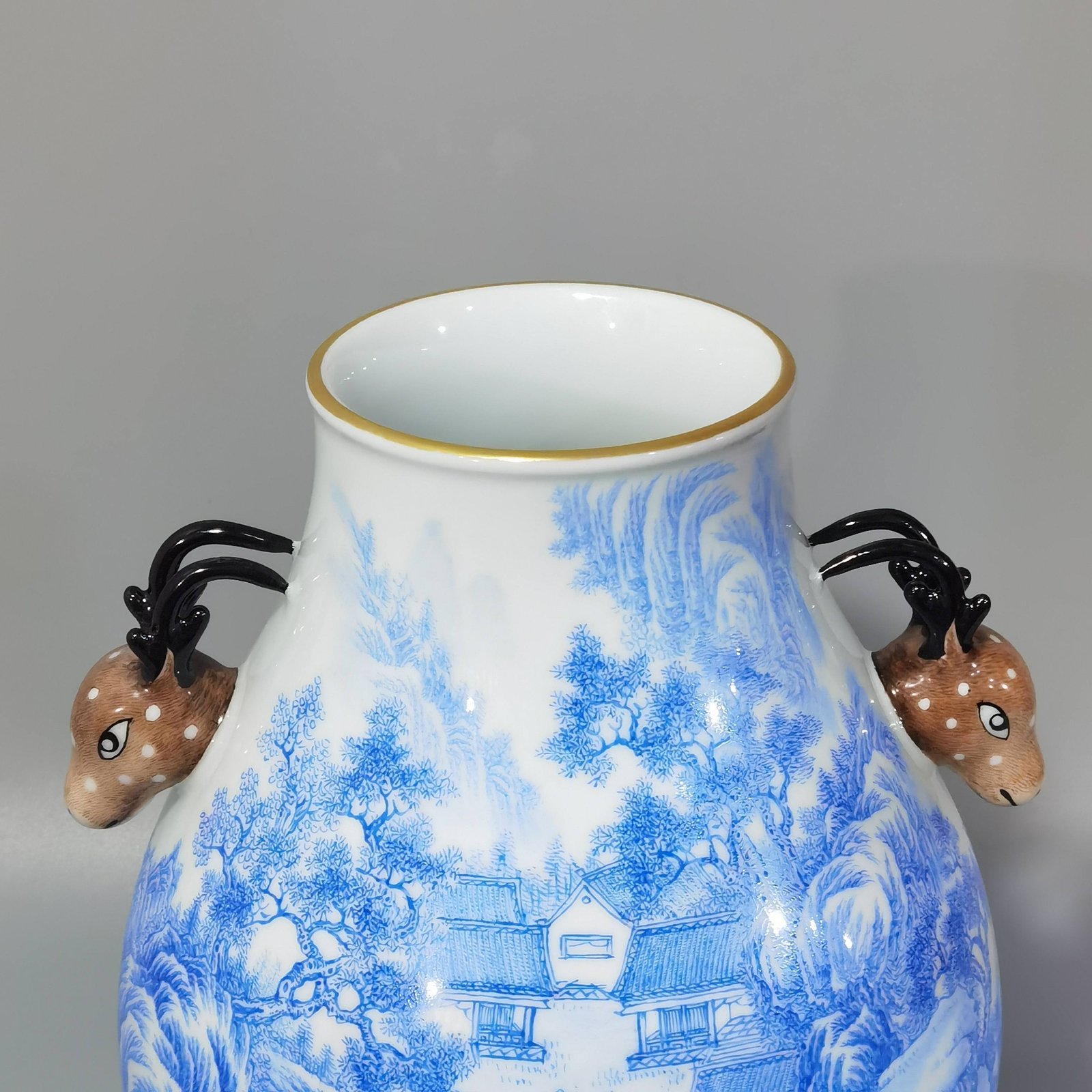 Qing Dynasty Yongzheng enamel blue material landscape landscape and figure deer head statue
