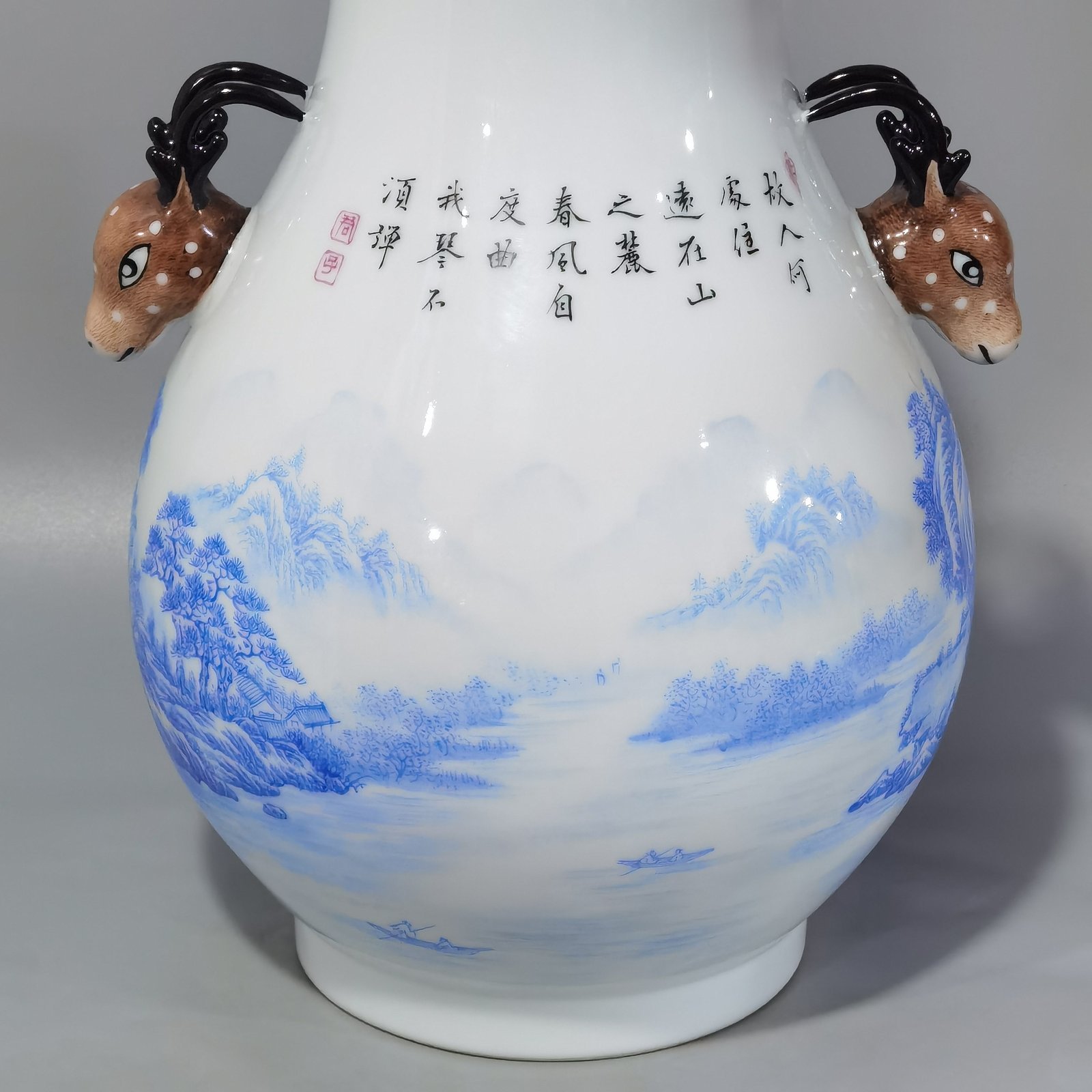 Qing Dynasty Yongzheng enamel blue material landscape landscape and figure deer head statue
