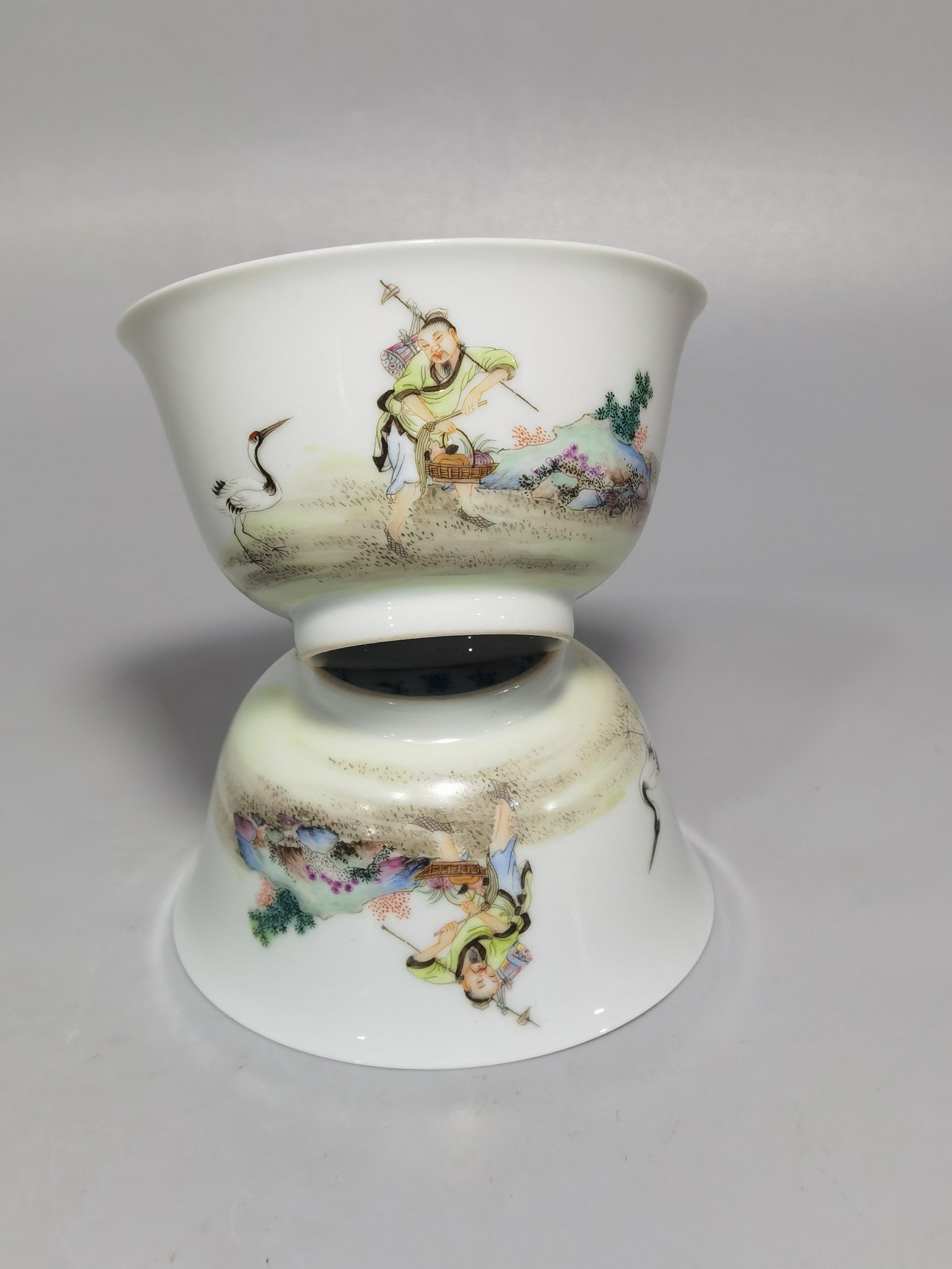 Qing Dynasty Yongzheng famille rose peach horseshoe cup with figures and stories