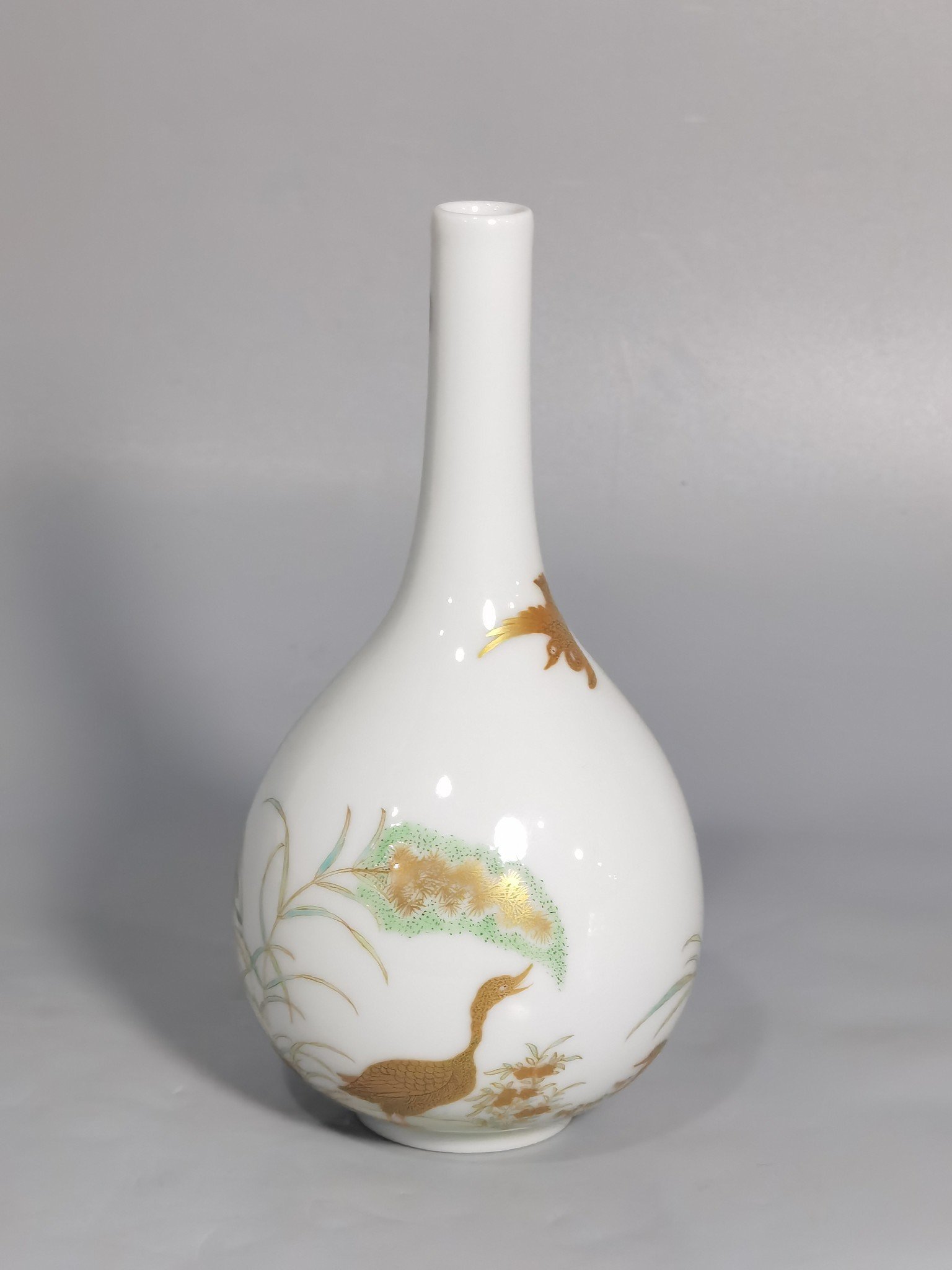Qing Dynasty Yongzheng Pastel gold painted vase with poems written on wild geese and reeds