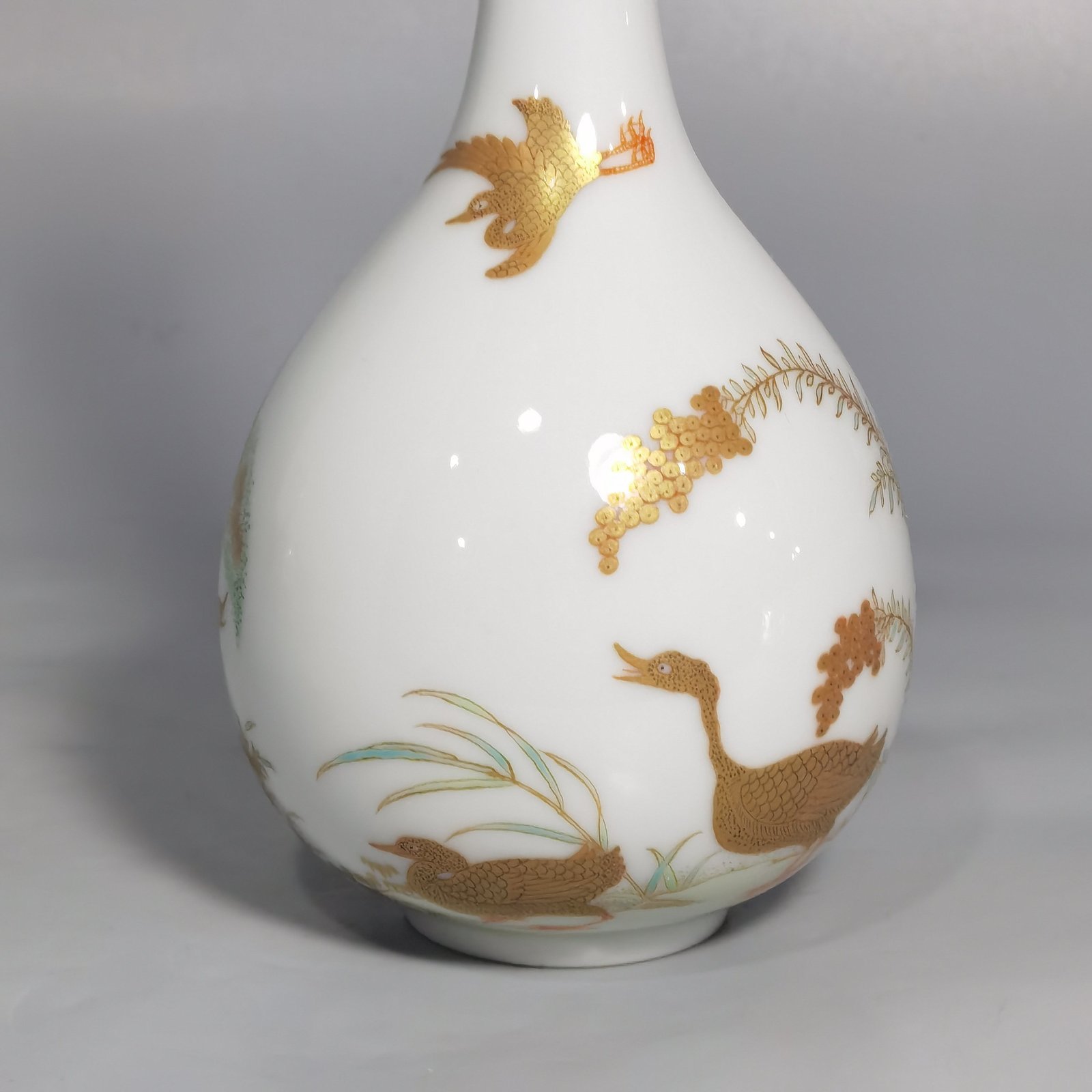 Qing Dynasty Yongzheng Pastel gold painted vase with poems written on wild geese and reeds