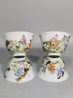 Qing Dynasty Yongzheng a set of pastel colored fishermen woodcutter and cultivators reading cups