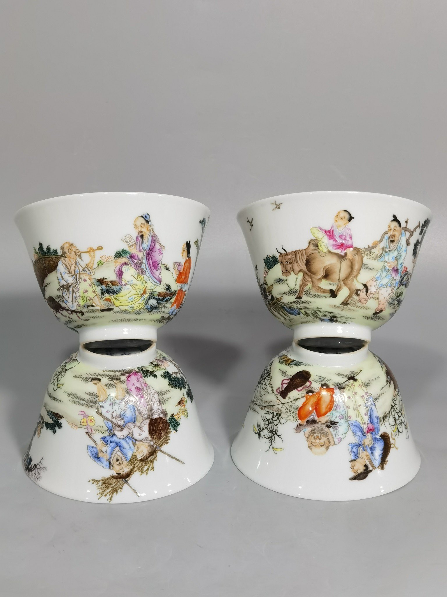 Qing Dynasty Yongzheng a set of pastel colored fishing woodcutter and farming mugs