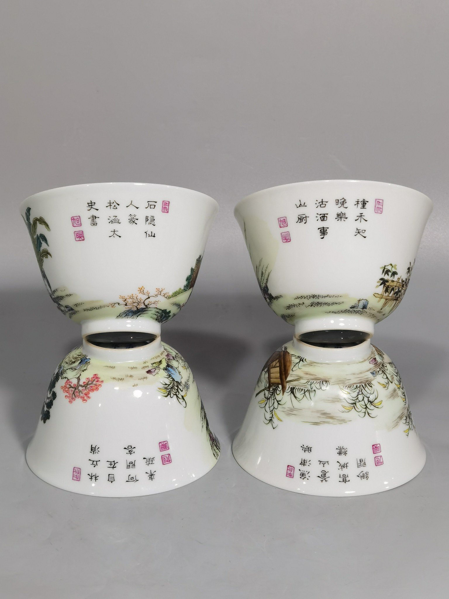 Qing Dynasty Yongzheng a set of pastel colored fishing woodcutter and farming mugs