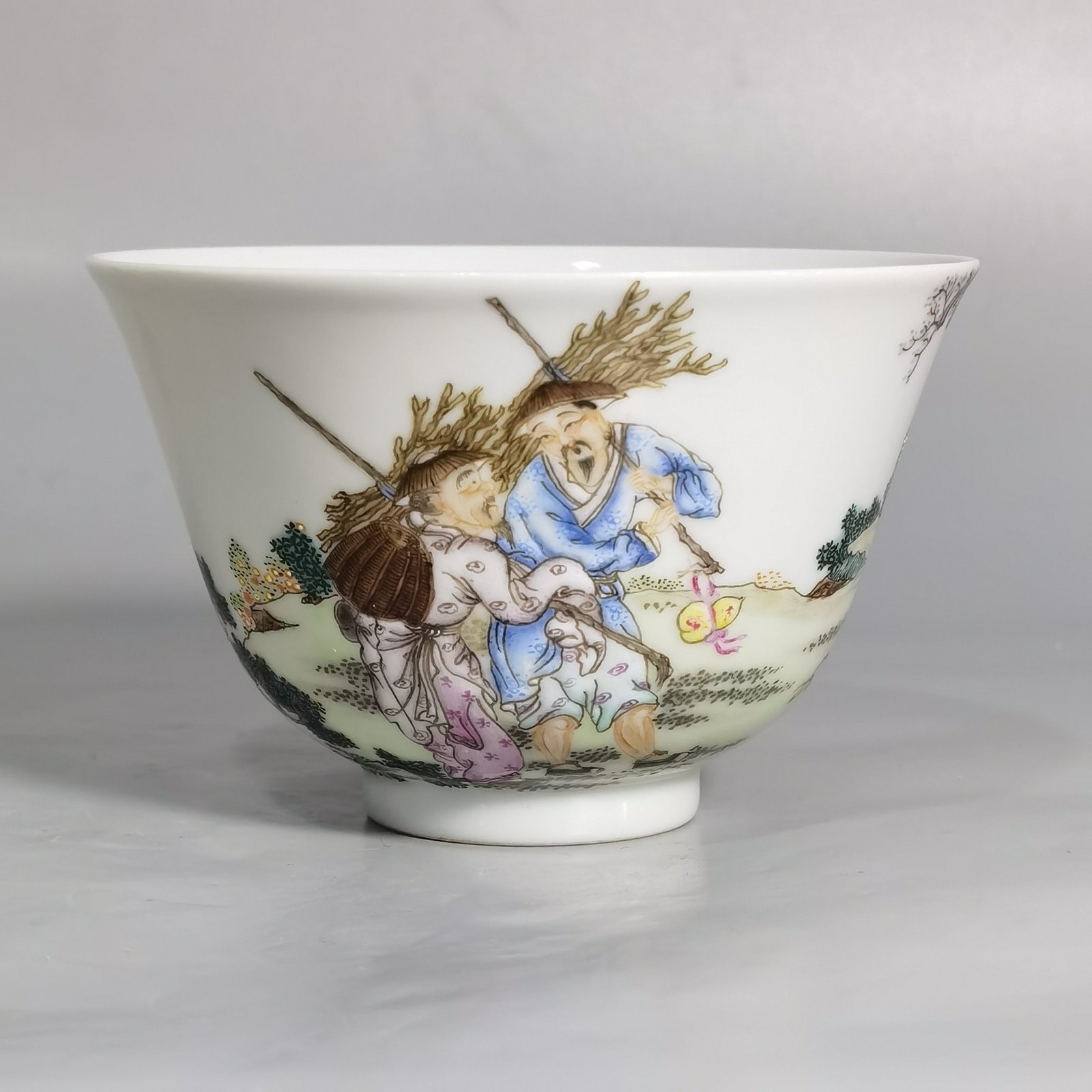 Qing Dynasty Yongzheng a set of pastel colored fishing woodcutter and farming mugs