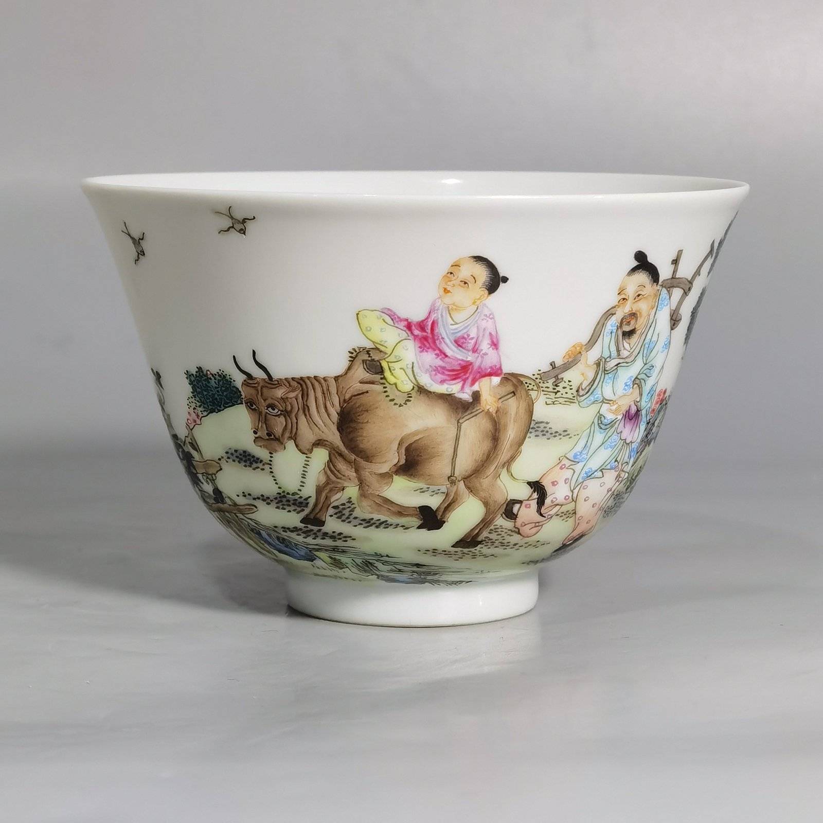 Qing Dynasty Yongzheng a set of pastel colored fishing woodcutter and farming mugs