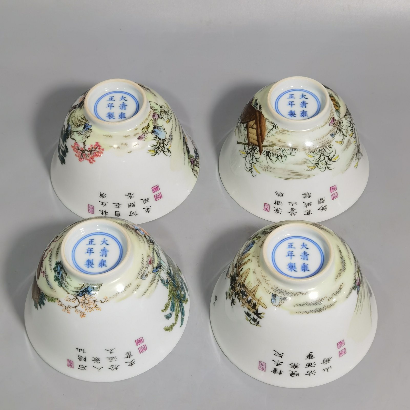 Qing Dynasty Yongzheng a set of pastel colored fishing woodcutter and farming mugs