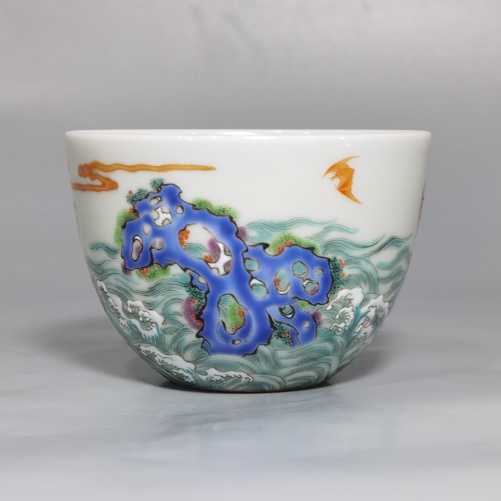Qing Dynasty Yongzheng Pastel paintings of Fushan and Longevity. Pair of cups