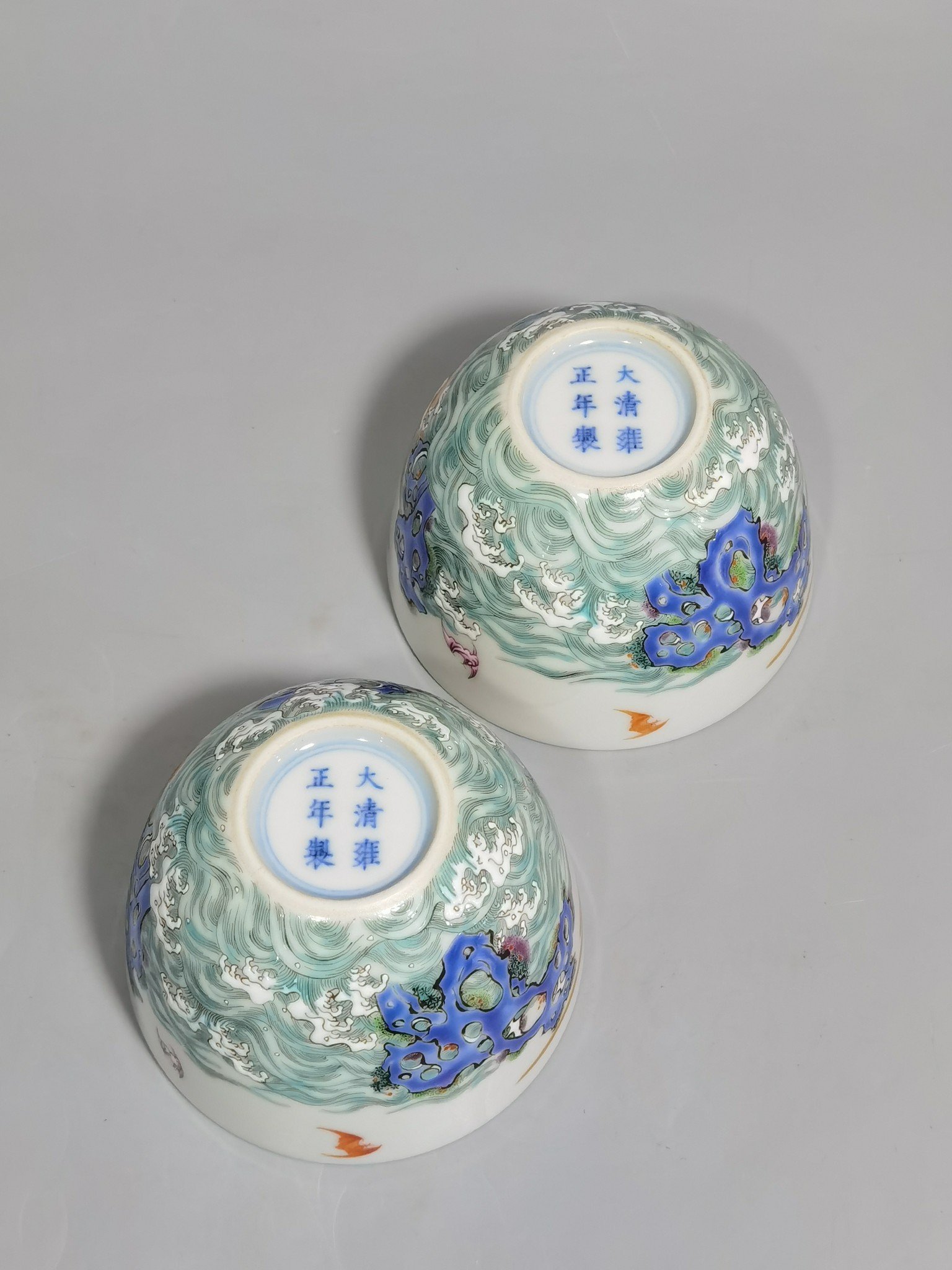 Qing Dynasty Yongzheng Pastel paintings of Fushan and Longevity. Pair of cups