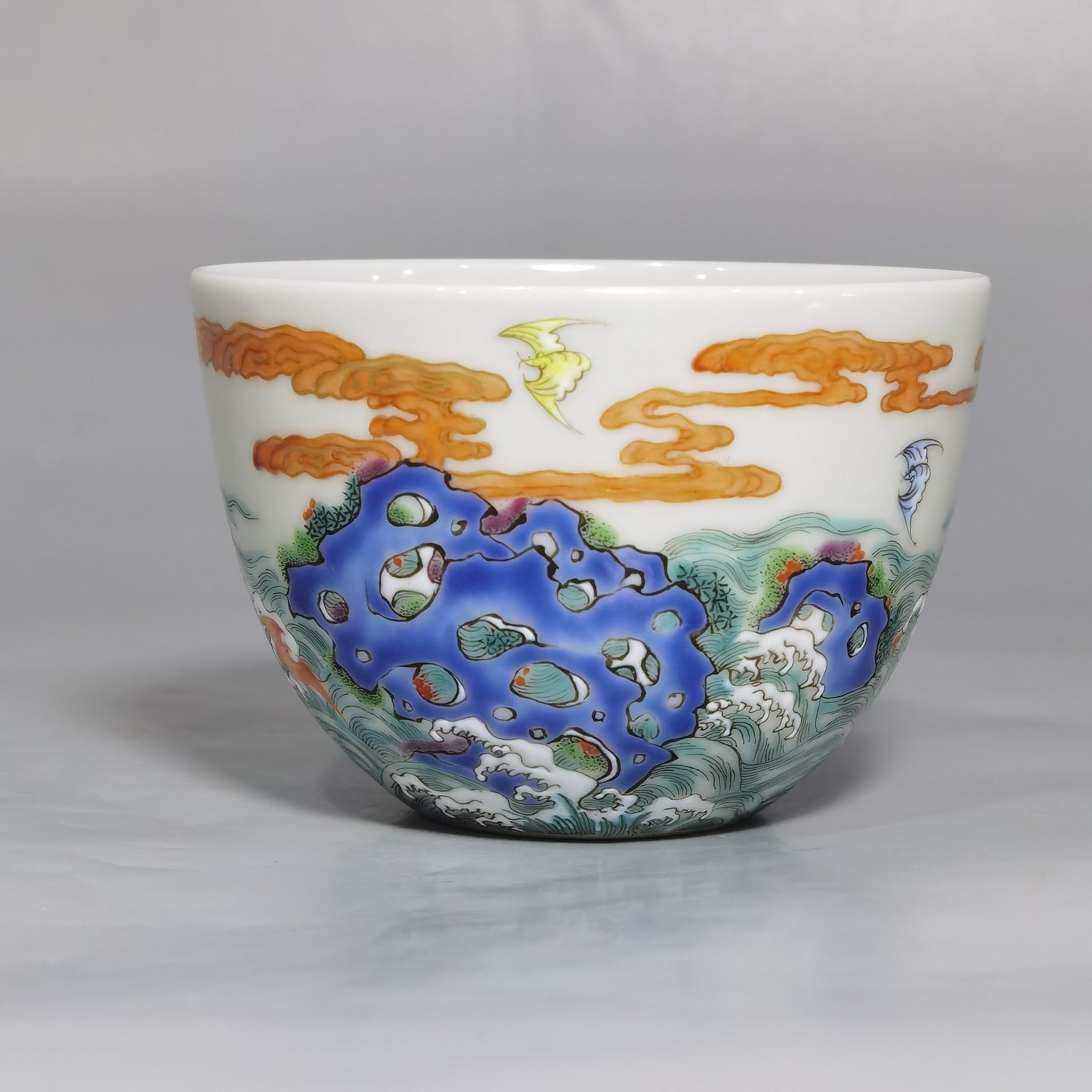 Qing Dynasty Yongzheng Pastel paintings of Fushan and Longevity. Pair of cups