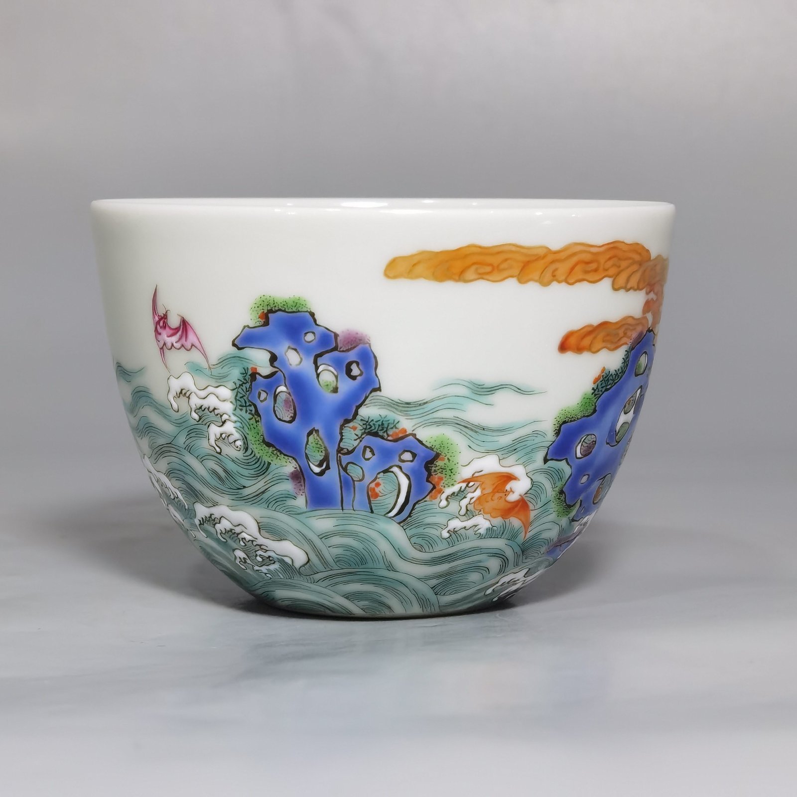 Qing Dynasty Yongzheng Pastel paintings of Fushan and Longevity. Pair of cups