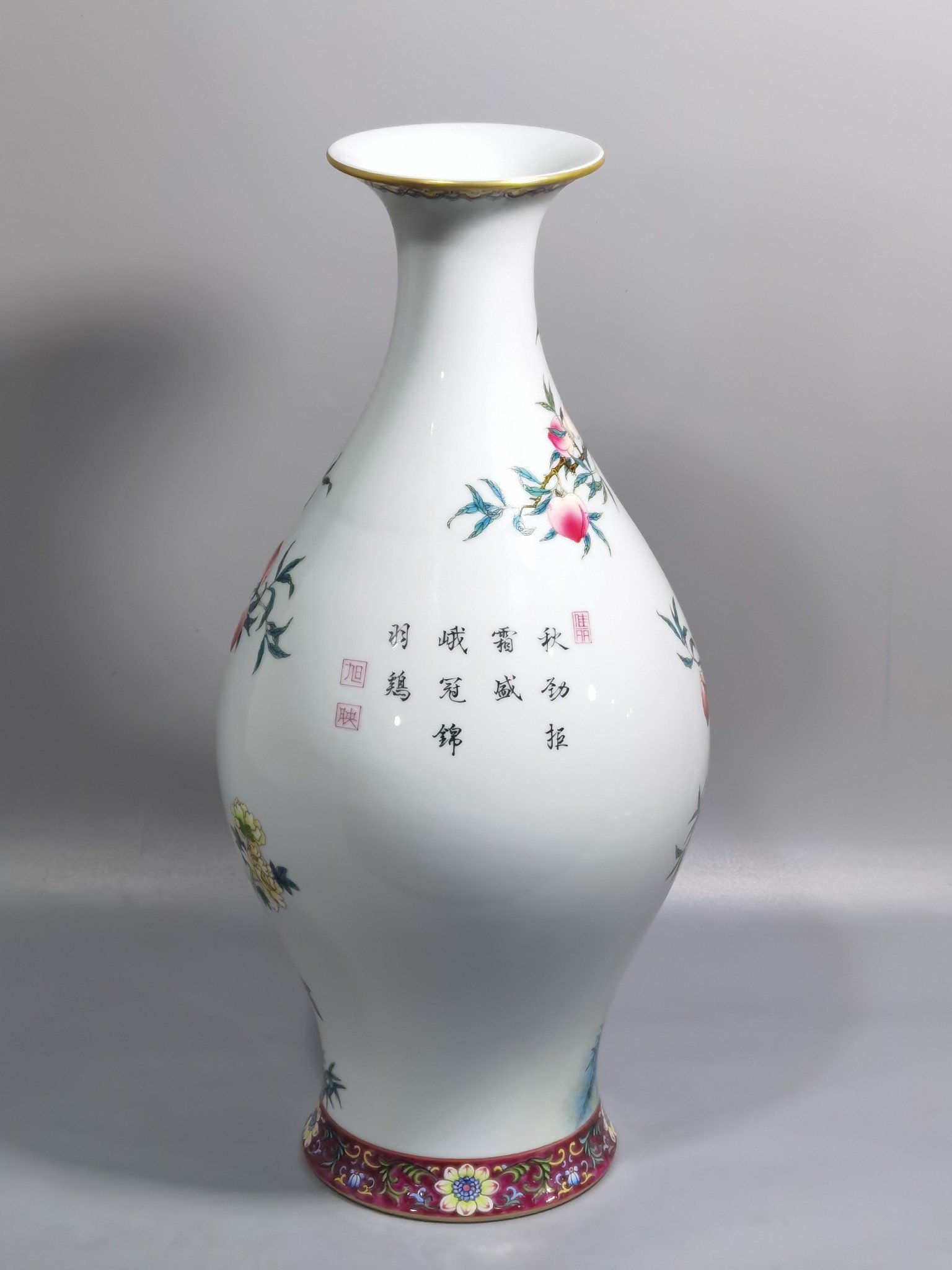 Qing Dynasty Yongzheng a pastel olive vase with chickens flowers birds and peach poems