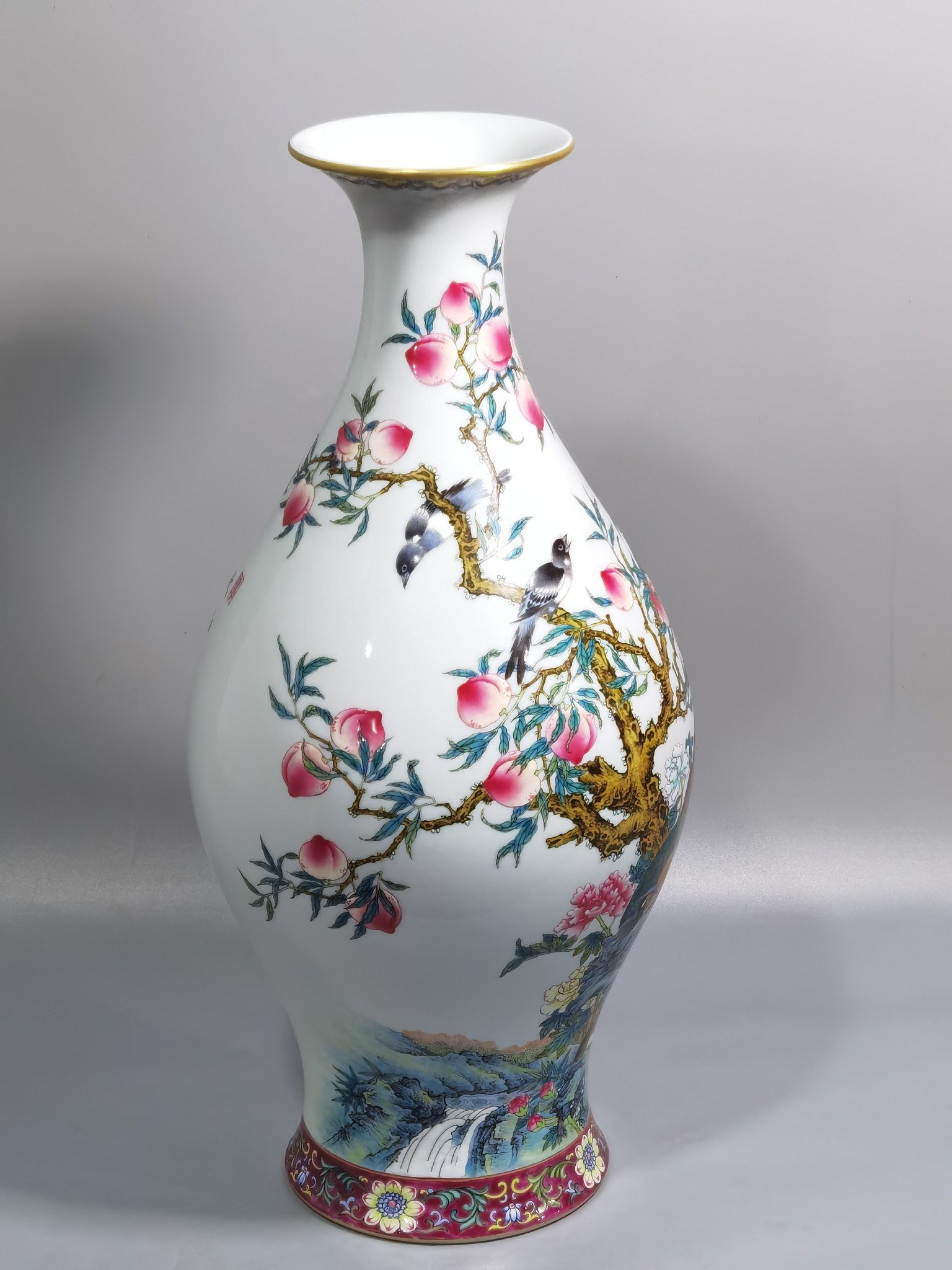 Qing Dynasty Yongzheng a pastel olive vase with chickens flowers birds and peach poems