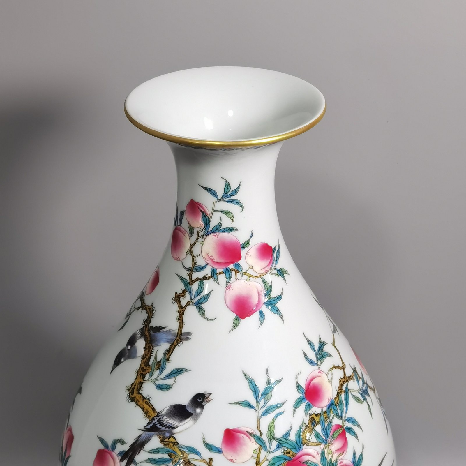 Qing Dynasty Yongzheng a pastel olive vase with chickens flowers birds and peach poems