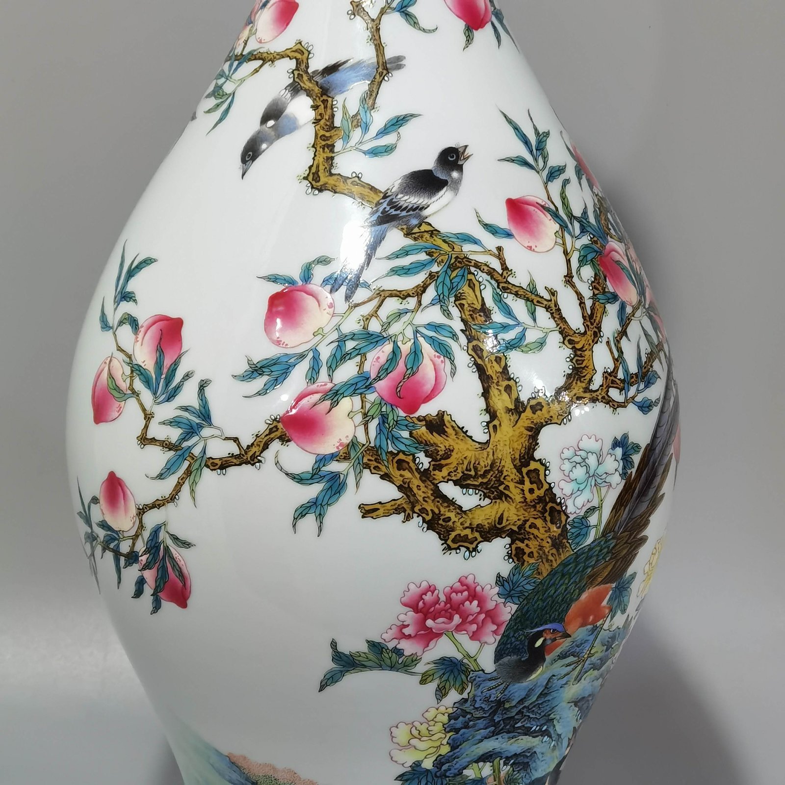 Qing Dynasty Yongzheng a pastel olive vase with chickens flowers birds and peach poems