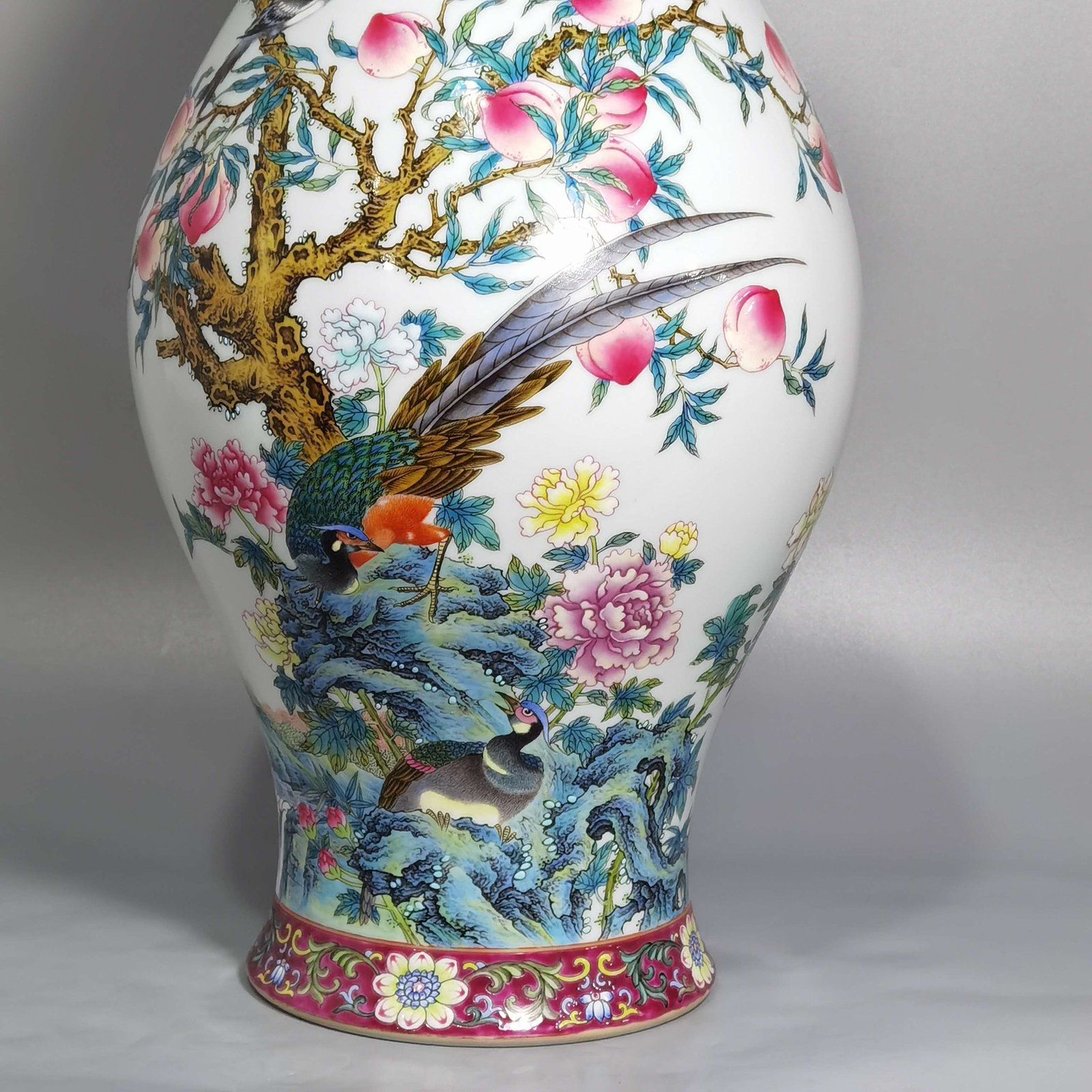 Qing Dynasty Yongzheng a pastel olive vase with chickens flowers birds and peach poems