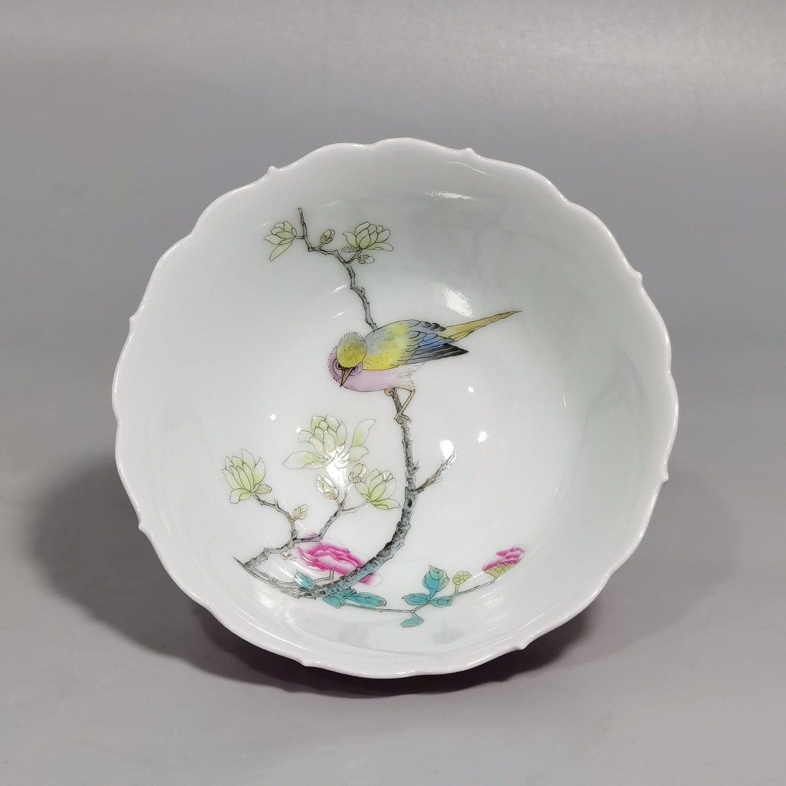 Qing Dynasty Yongzheng Pastel flowers and birds rouge red glaze Kuikou cup