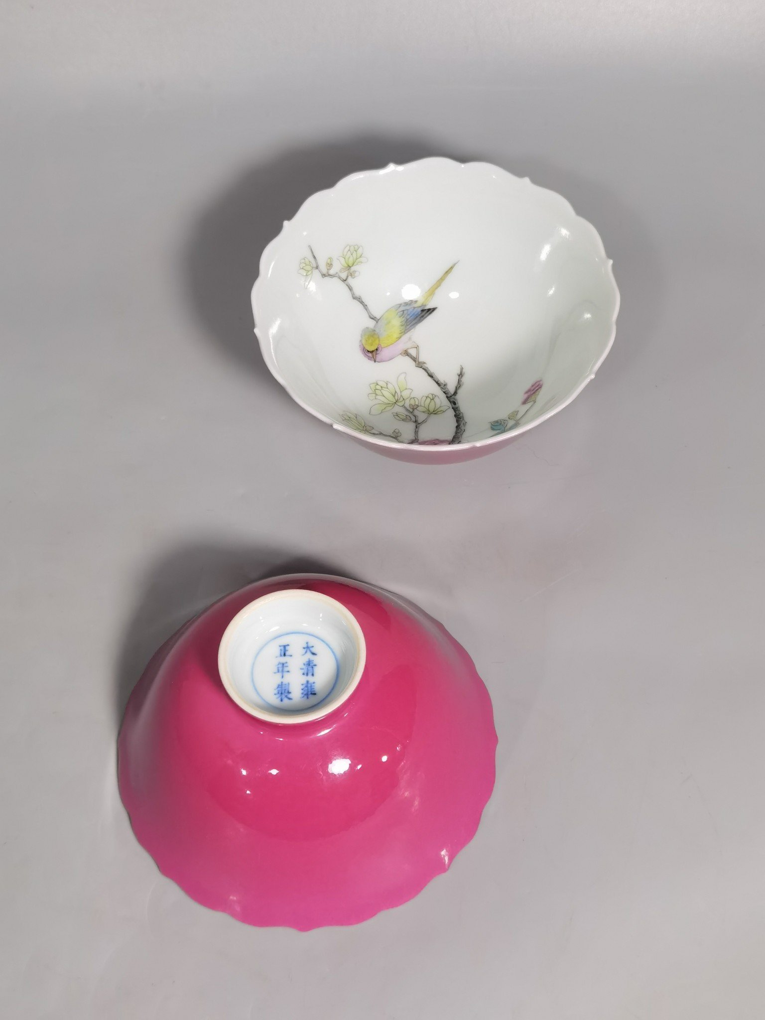 Qing Dynasty Yongzheng Pastel flowers and birds rouge red glaze Kuikou cup