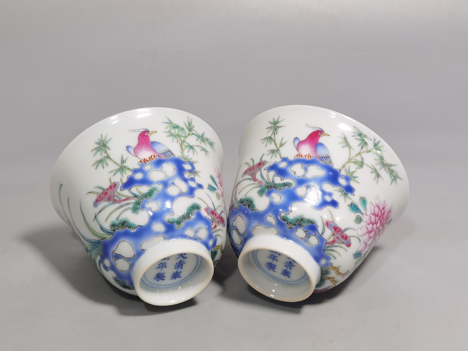 Qing Dynasty Yongzheng A pair of pastel flower and bird cups