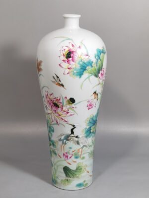 Qing Dynasty Yongzheng a pair of pastel lotus kingfisher egret and poem plum vases