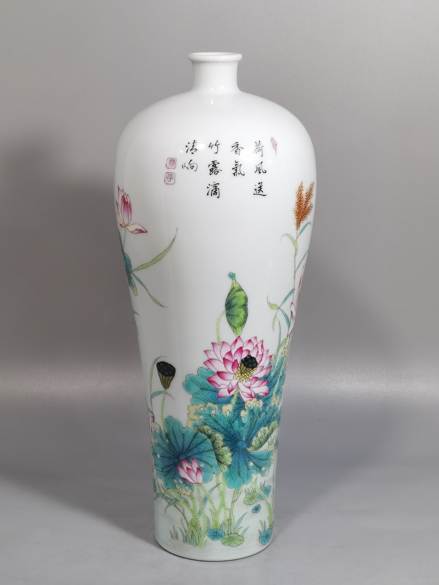 Qing Dynasty Yongzheng a pair of pastel lotus kingfisher egret and poem plum vases