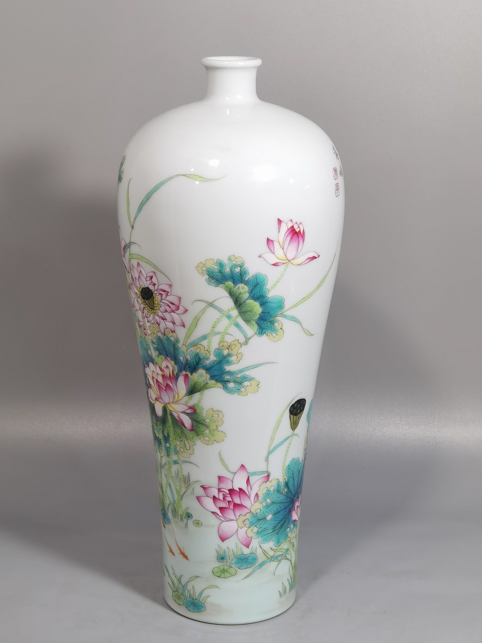 Qing Dynasty Yongzheng a pair of pastel lotus kingfisher egret and poem plum vases