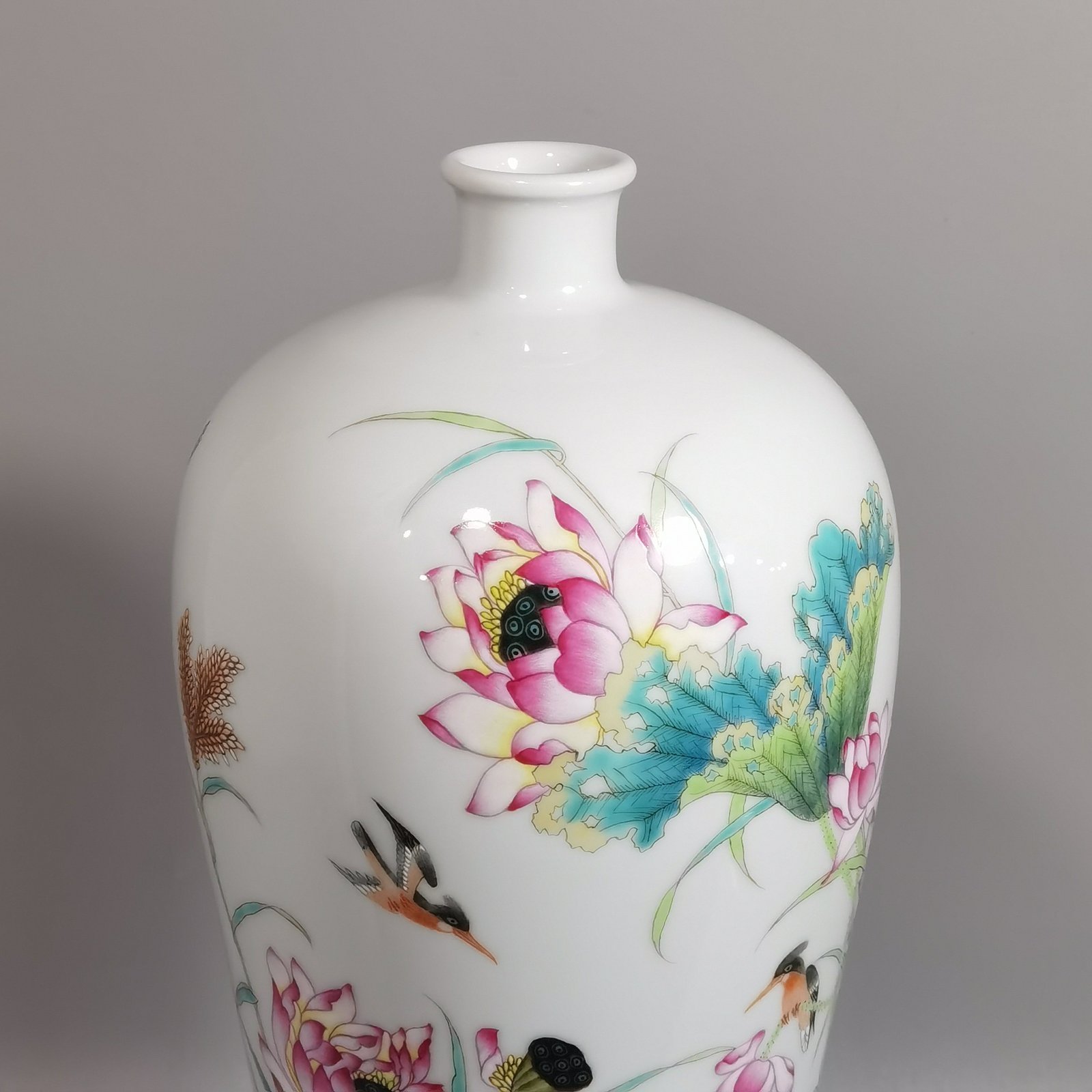 Qing Dynasty Yongzheng a pair of pastel lotus kingfisher egret and poem plum vases