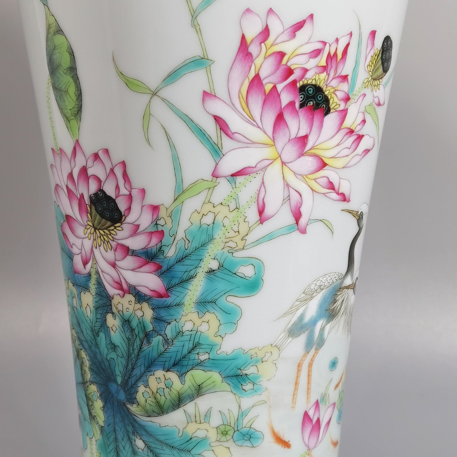 Qing Dynasty Yongzheng a pair of pastel lotus kingfisher egret and poem plum vases