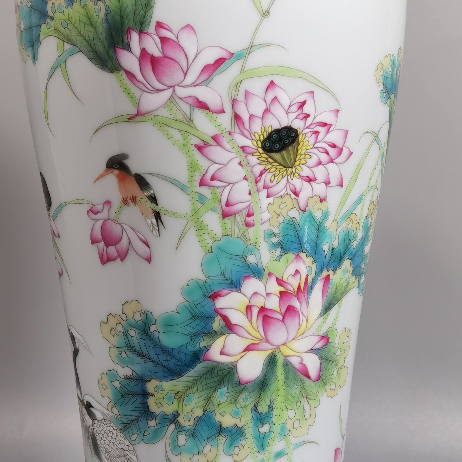 Qing Dynasty Yongzheng a pair of pastel lotus kingfisher egret and poem plum vases