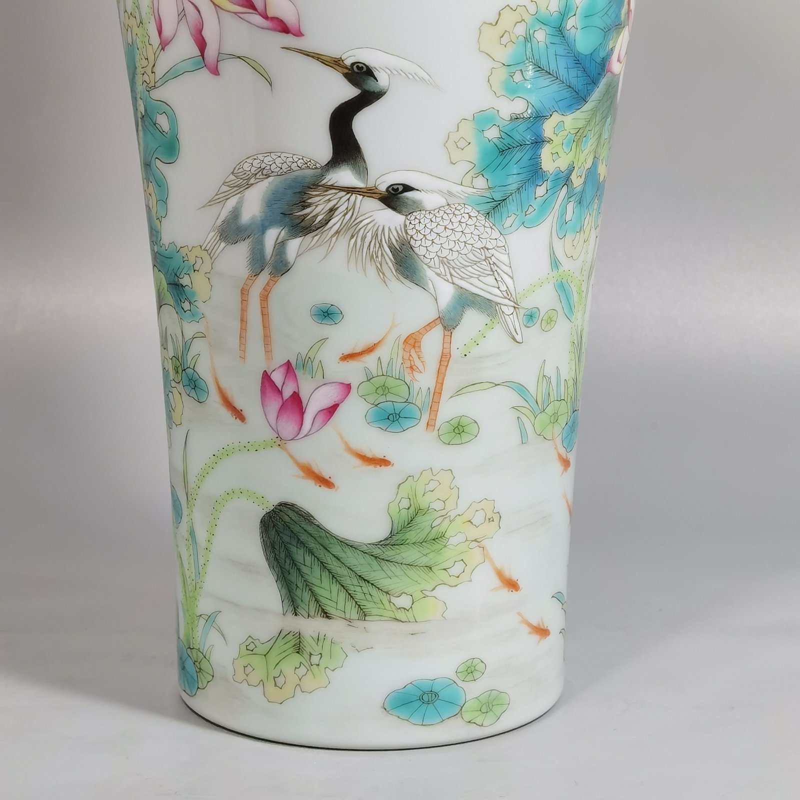 Qing Dynasty Yongzheng a pair of pastel lotus kingfisher egret and poem plum vases