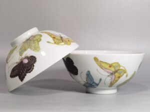 Qing Dynasty Yongzheng a pair of pastel butterfly pattern plum blossom bowls