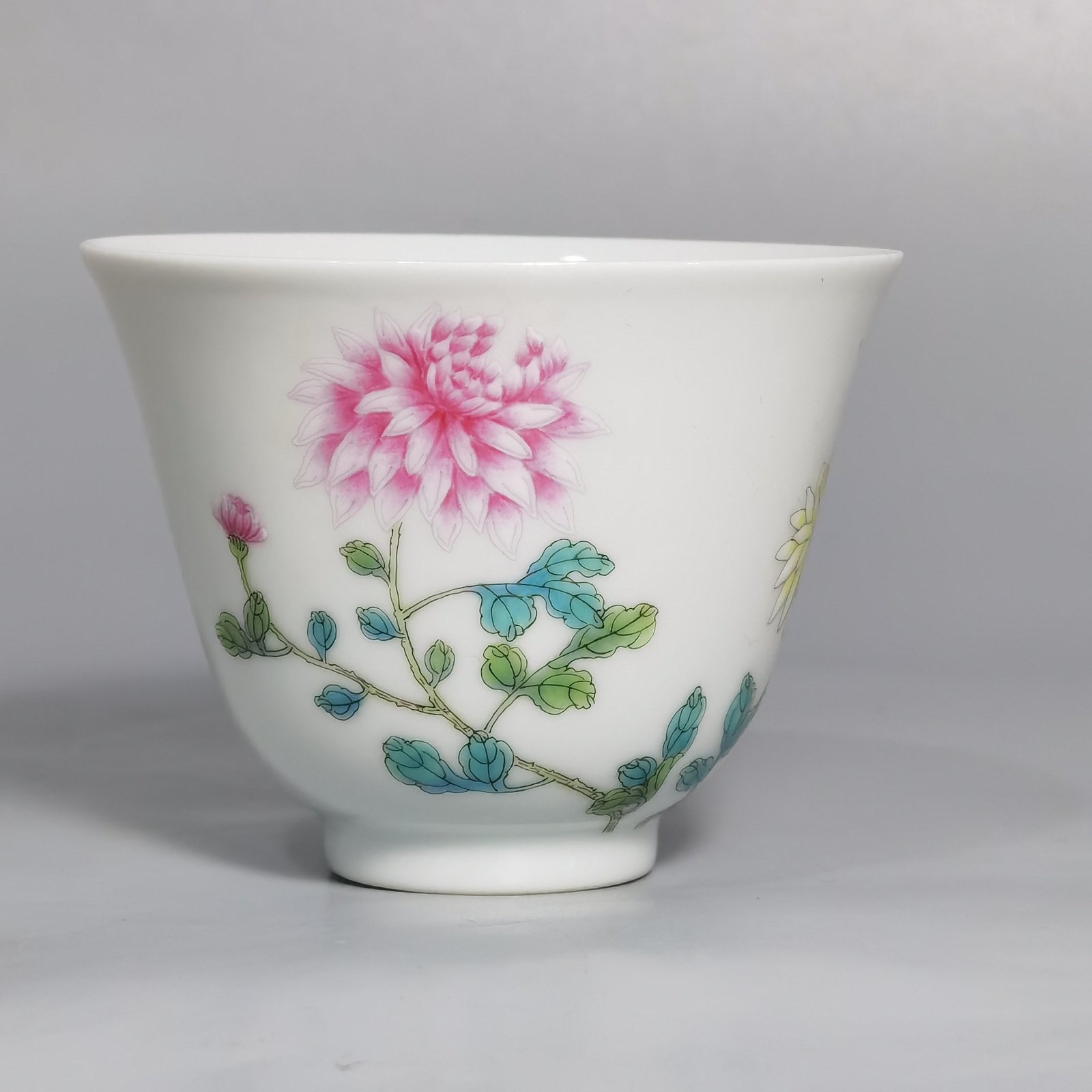 Qing Dynasty Yongzheng Pastel poetic marigold plum pattern cup