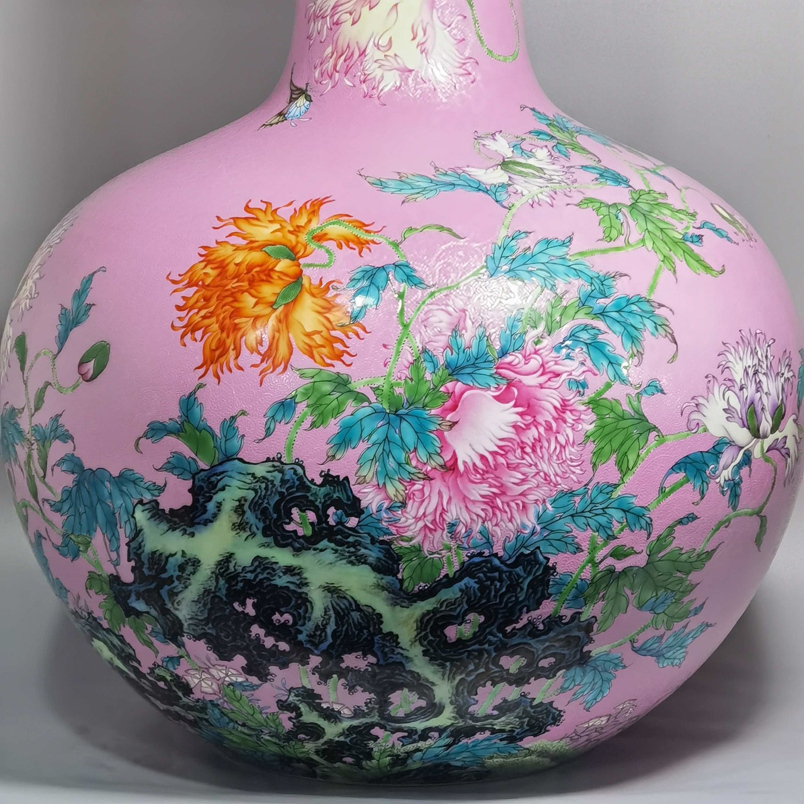 Qing Dynasty Yongzheng a pink celestial vase with pastel flowers and poppy flowers