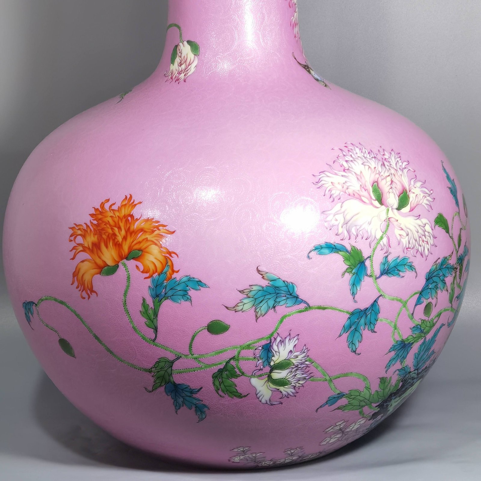 Qing Dynasty Yongzheng a pink celestial vase with pastel flowers and poppy flowers