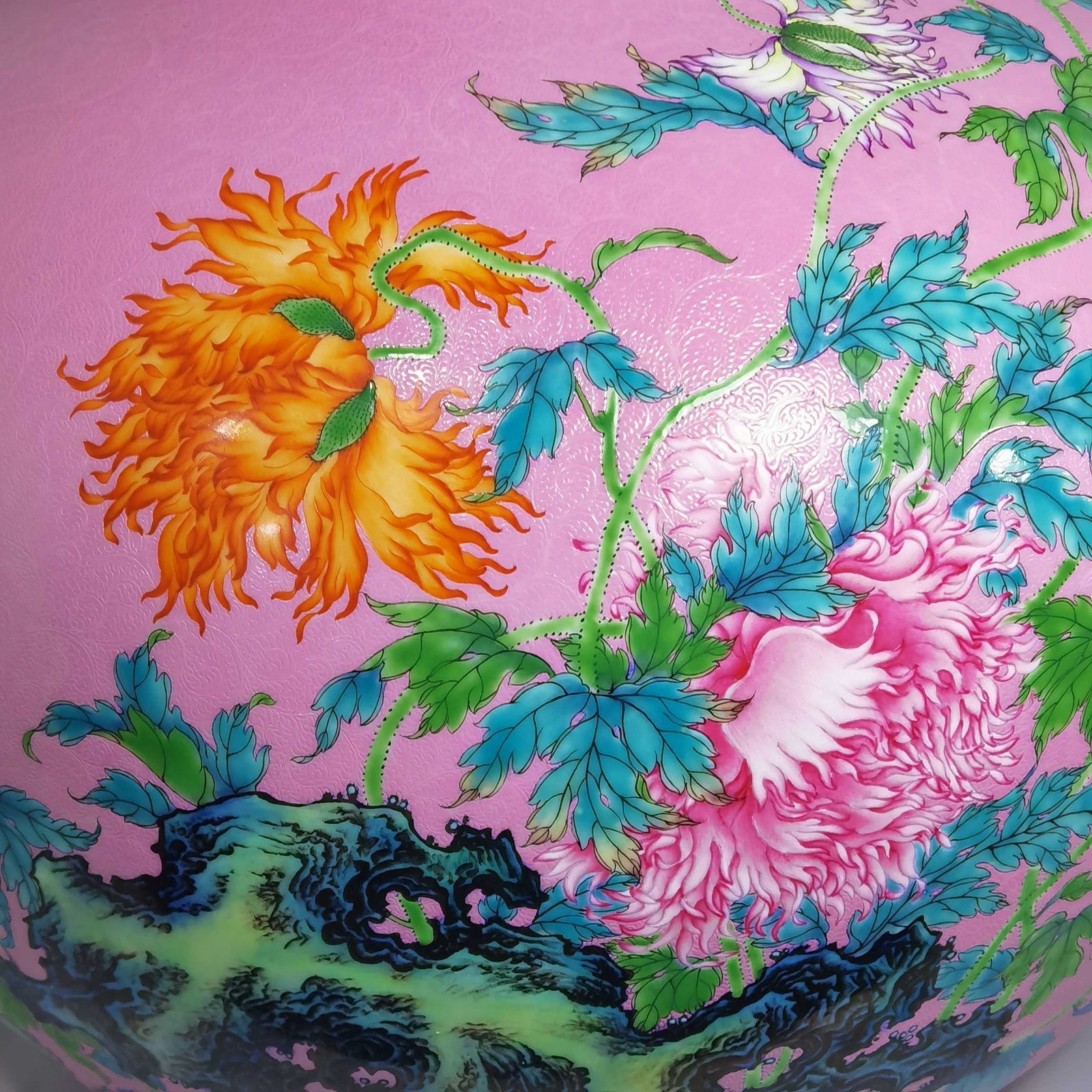 Qing Dynasty Yongzheng a pink celestial vase with pastel flowers and poppy flowers