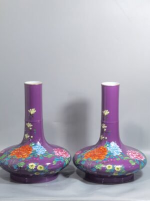 Qing Dynasty Yongzheng purple ground pastel peony flower flat belly vase