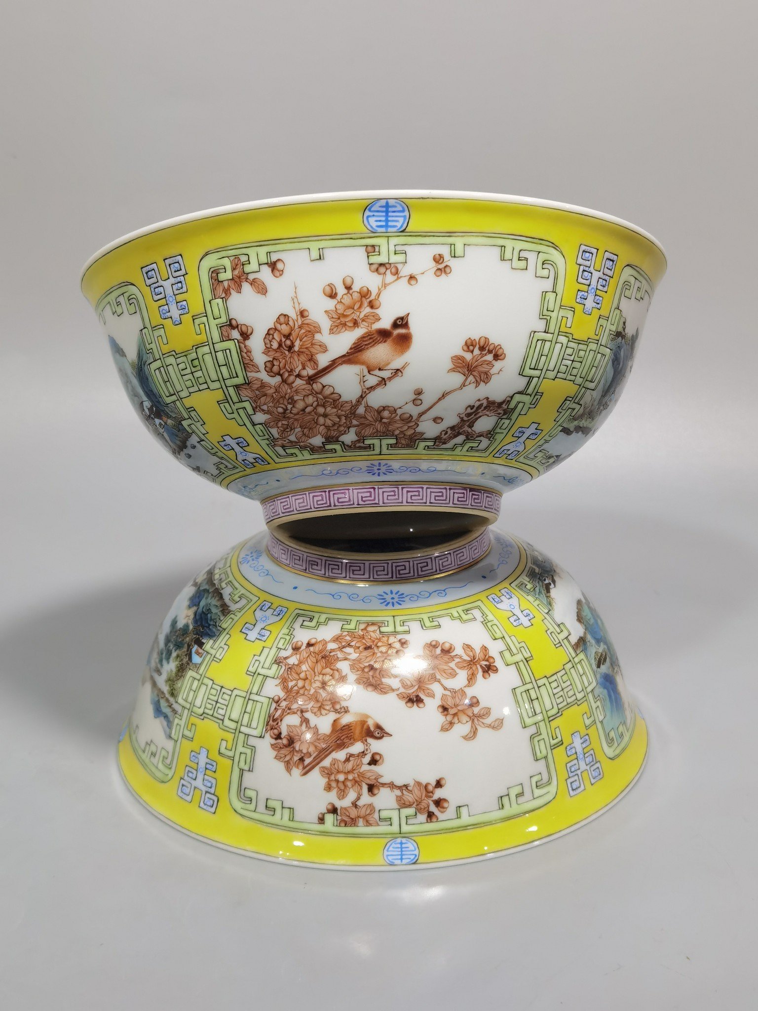Qing Dynasty Yongzheng yellow ground pastel a pair of blue and white palace bowls with Cowherd